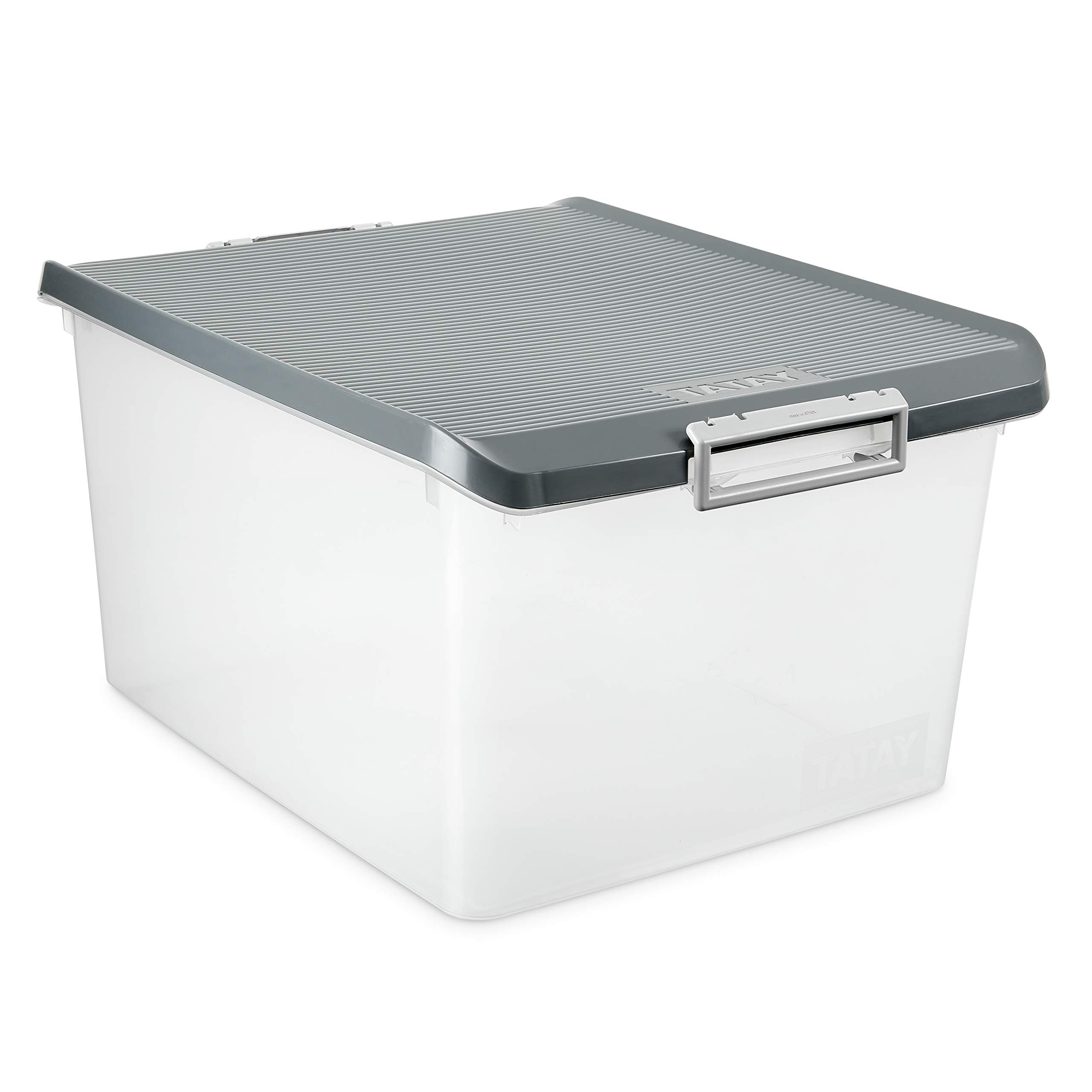 TATAY Plastic Storage Box with Lid 35L Multipurpose - Classic | Lid with Hinges Included | Ergonomic ABS Handles | Stackable and Durable Design | BPA Free Plastic | 37.7x47.5x26 cm, Grey