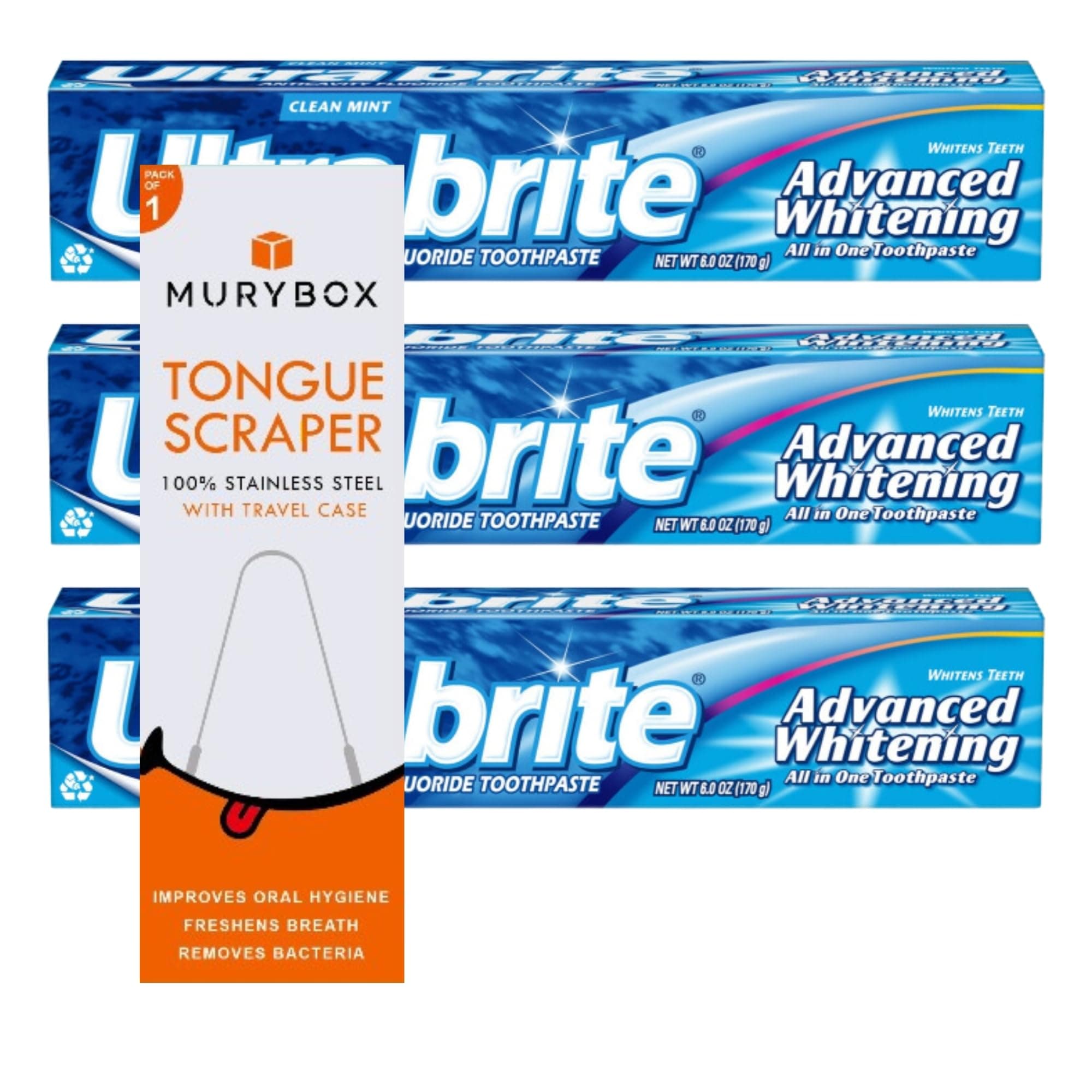 CoIgate Ultra Brite Advanced Whitening Toothpaste, Toothpaste Whitening, 6.0 oz (Pack of 3) + MB Tongue Scraper with Travel Case