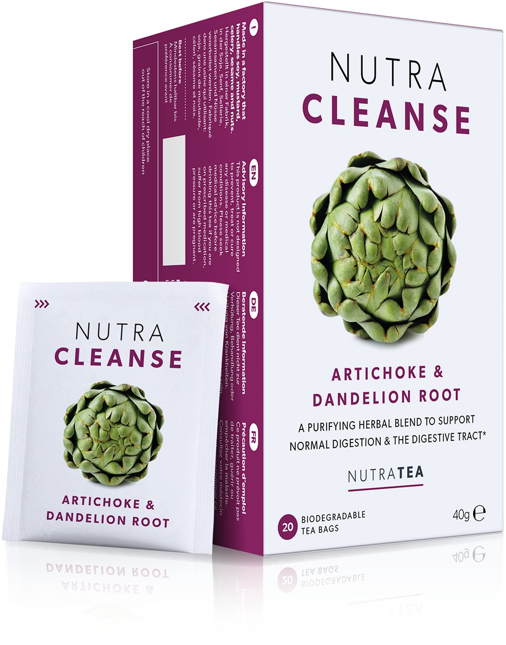 Nutra Tea NUTRACLEANSE - Detox Tea|Cleanse Tea - Helps Relieve Constipation & Encourage Digestion With Dandelion Root, Artichoke & Milk Thistle - 60 Individual Wrapped Bags - Herbal Infusion (3 Pack)