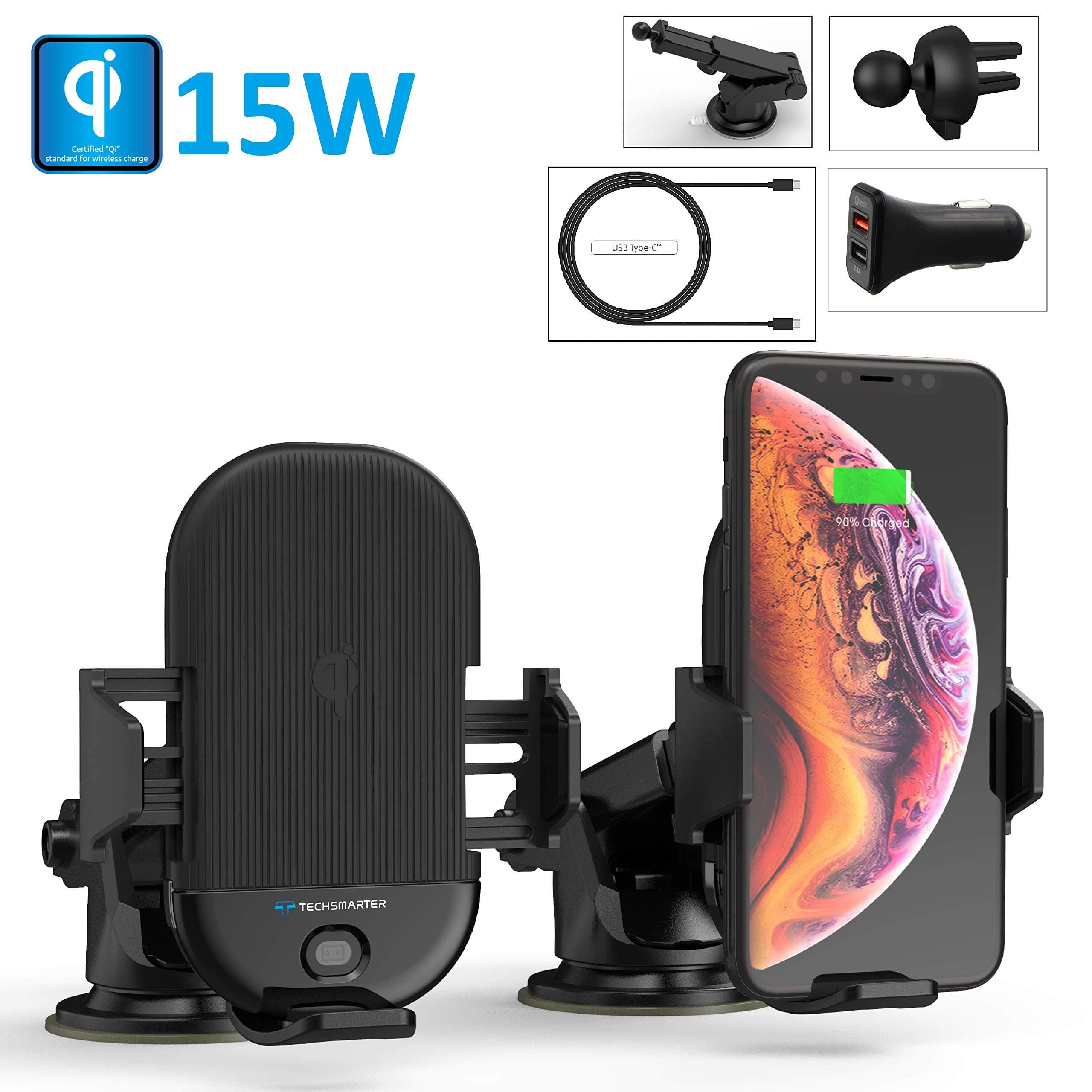 Techsmarter 15W Wireless Car Charger, Automatic Sensor Clamping Mount Holder Dashboard Air Vent. Compatible with iPhone 13, 12, 11, X, XS, XR, 8, Samsung S10, S9, S8, Note