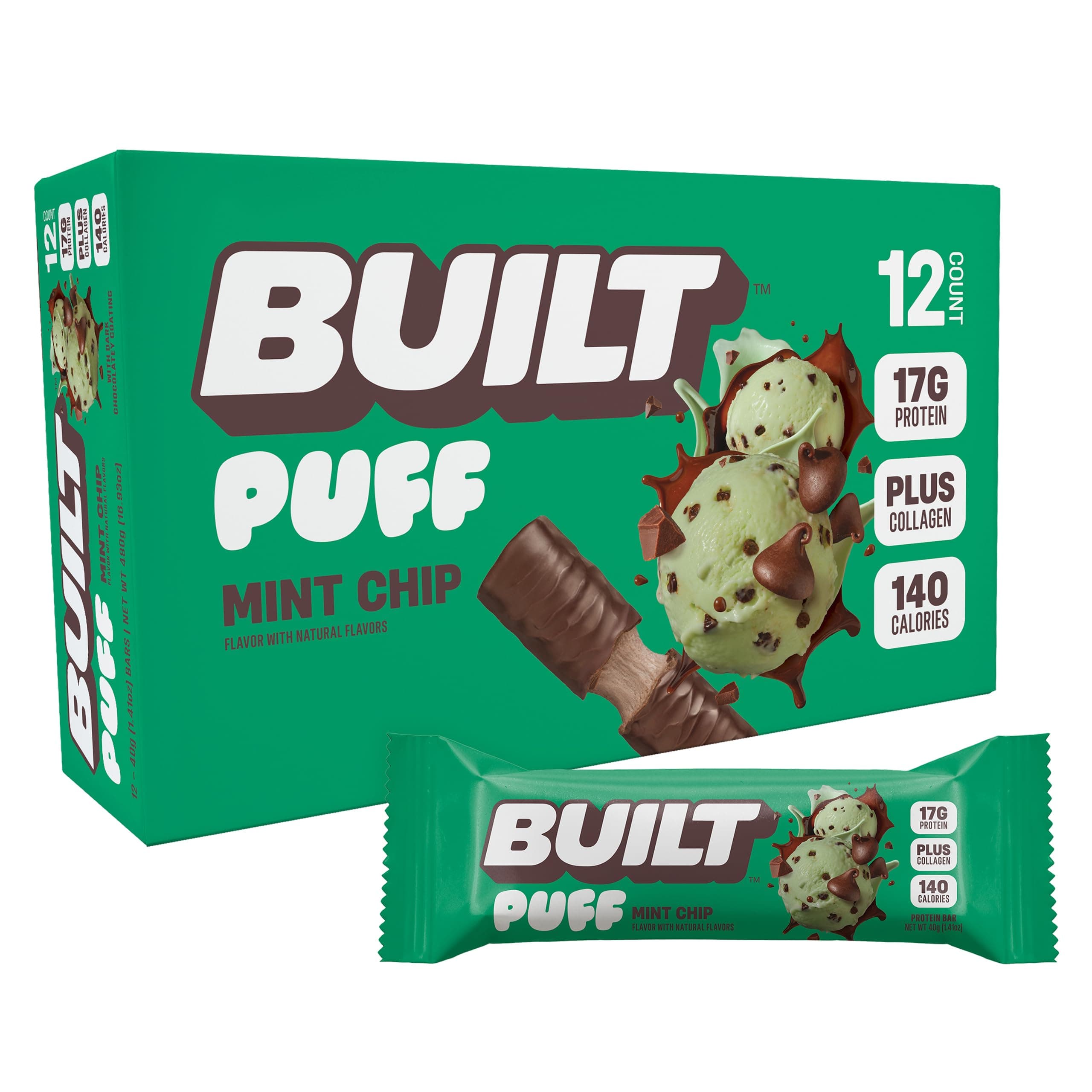 Puff Protein Bars, Mint Chip Puff, 17g Protein Snacks, On-The-Go Bars, Only 140 Calories, 6g Sugar, Collagen, Gluten Free, 12 Count