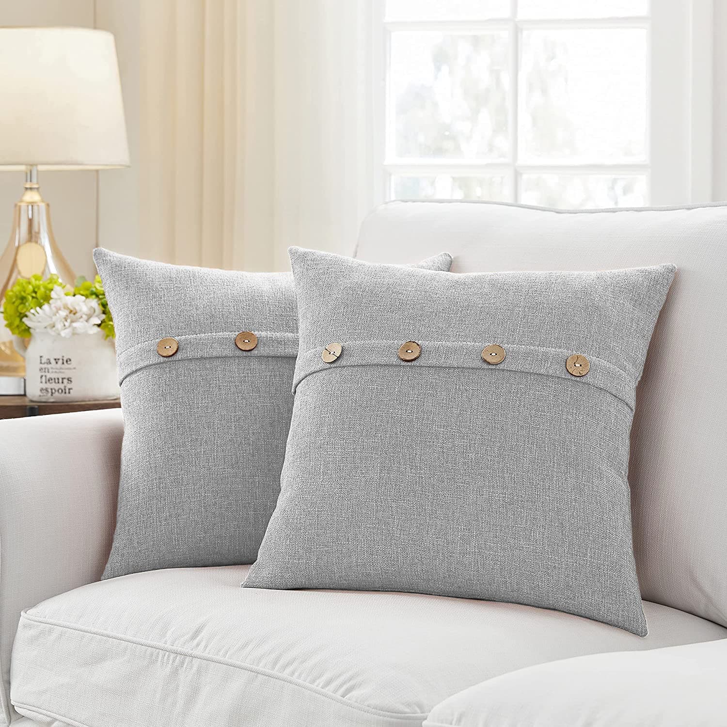 Khooti Decorative Poly Jute Square Cushion Covers with Buttons Throw Pillow Covers for Living Room Couch Sofa, Modern 18 x 18 Inches / 45 x 45 cm (Color - Light Grey)(Set of 5 Pieces) C5