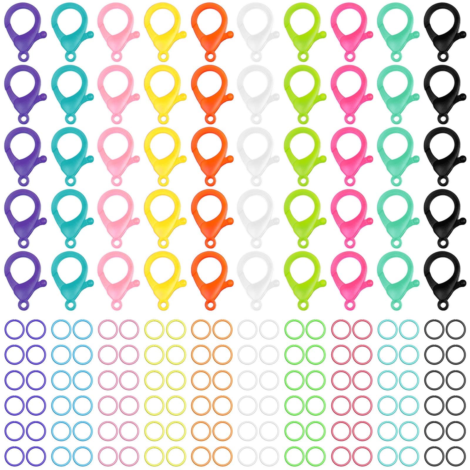 Patelai Multicolor Hard Plastic Clips Plastic Lobster Claw Clasps and Open Jump Rings, Cute Lanyard Snap Hooks for Key Chain Ring DIY Handmade Crafts Chain Clasp(200 Pieces)