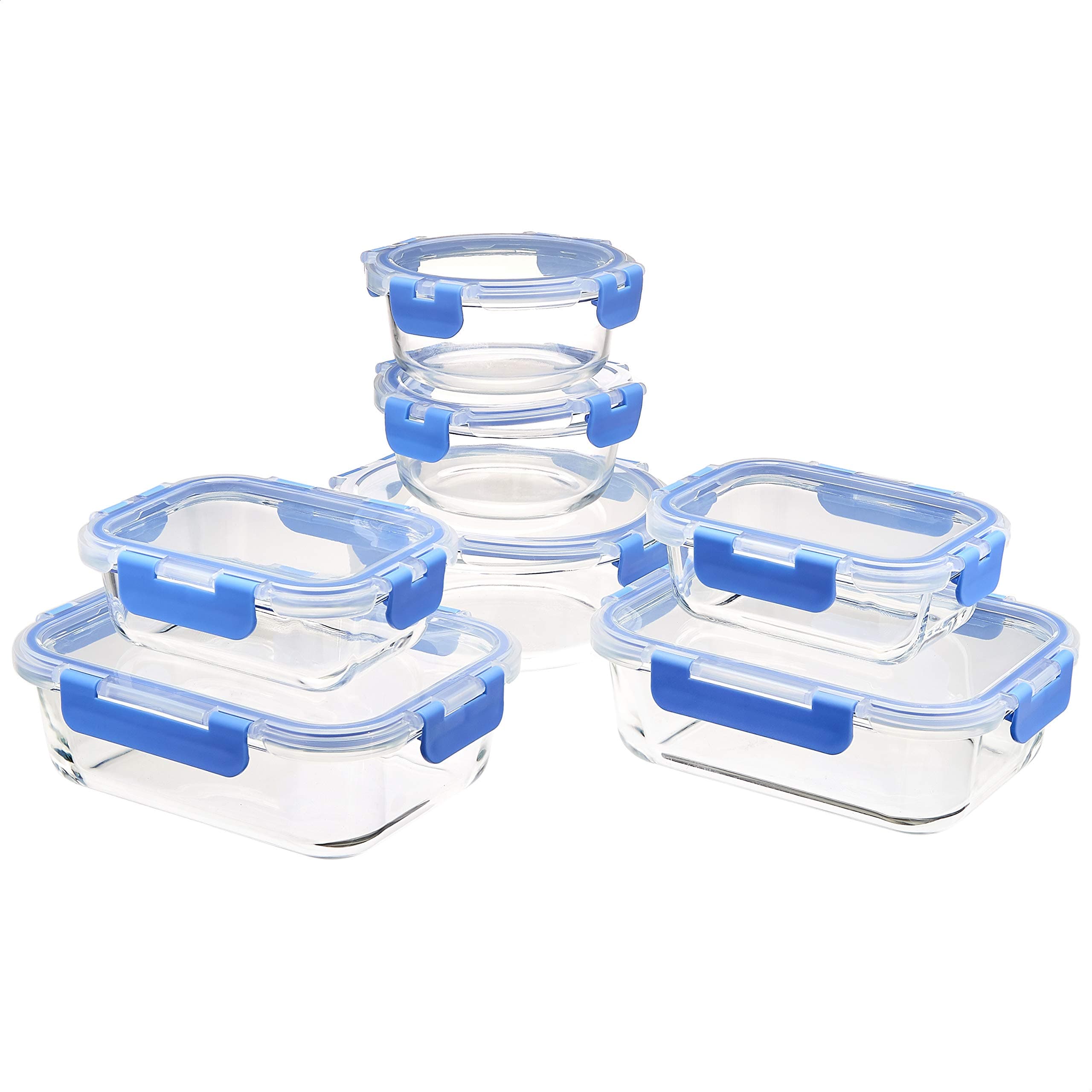 Amazon Basics Food Containers with Firm Locking Glass Lids, Set of 14, 7 Containers and 7 BPA-Free Lids, Transparent with Blue Silicone Strip