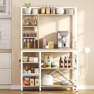 YITAHOME Microwave Stand Bakers Rack w Power Outlet, Coffee Bar Kitchen Freestanding Utility Storage Shelf for Pantry Appliance Spice Pot Pan Organizer w Thickened Counter 6 Hook 39", Oak & White