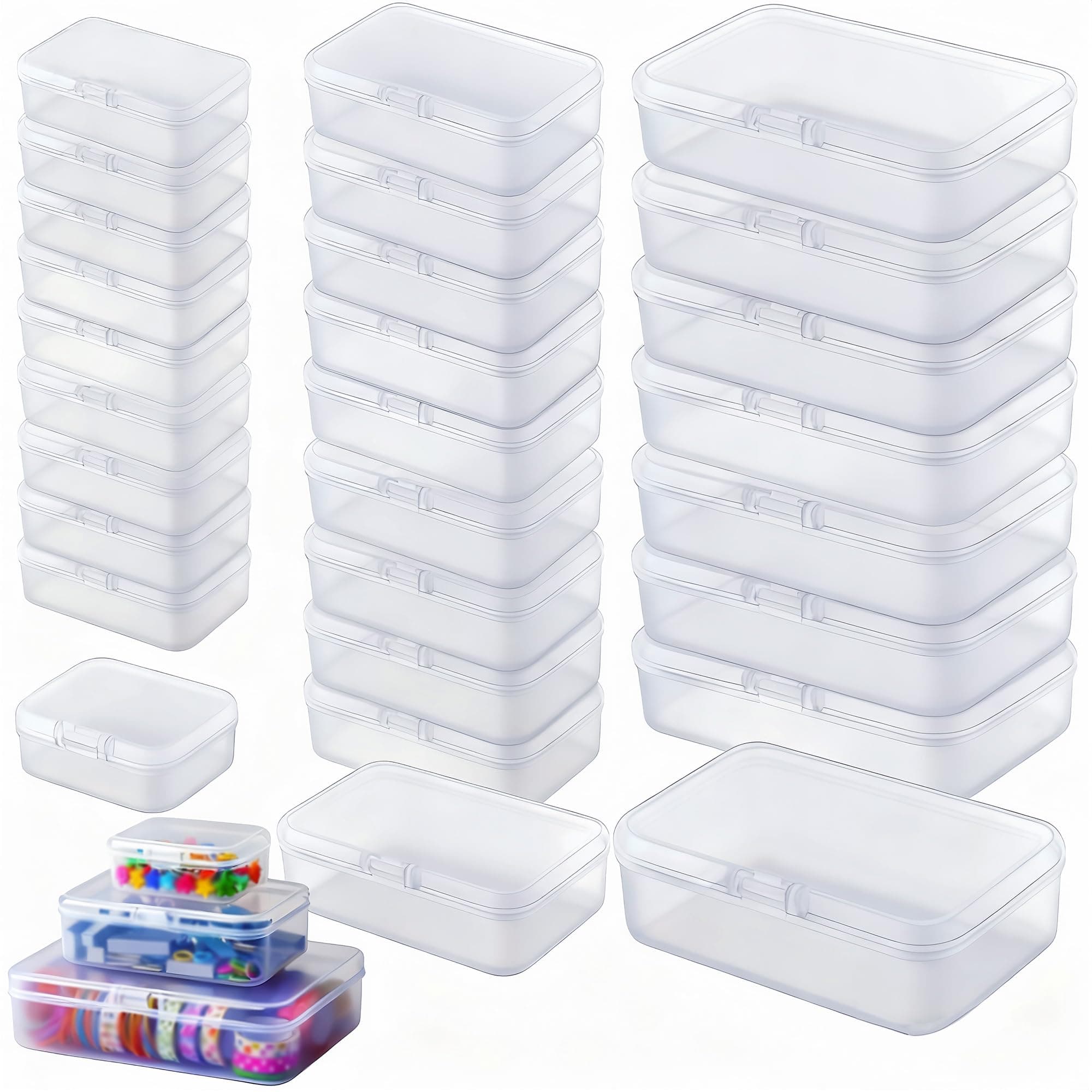– LJY 28 Pack Frosted White Plastic Storage Boxes with Lids 3 Mixed Sizes – Rectangular Small Containers for Diamond Art Accessories, Beads and Hardware, Stackable Craft Storage Box Set
