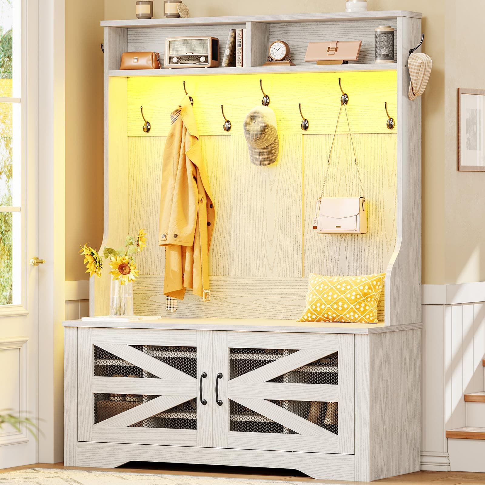 Itaar Hall Tree with Bench and Shoe Storage, 5-in-1 Entryway Bench with Coat Rack, 10 Shoe Cubbies & 9 Coat Hooks, Barn Door & Adjustable Shelf (Embossed White)