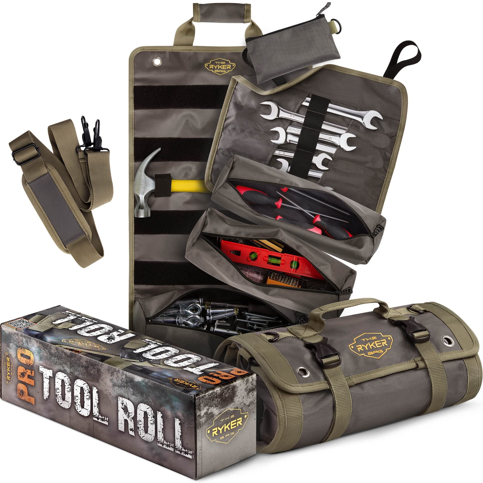 The Ryker PRO Official Tool Roll Organizer Bag – Motorcycle Roll w/4 Detachable Pouches & Wrench Wrap Roll Up Tool Roll Bag Organizer for Mechanic & Tools Storage