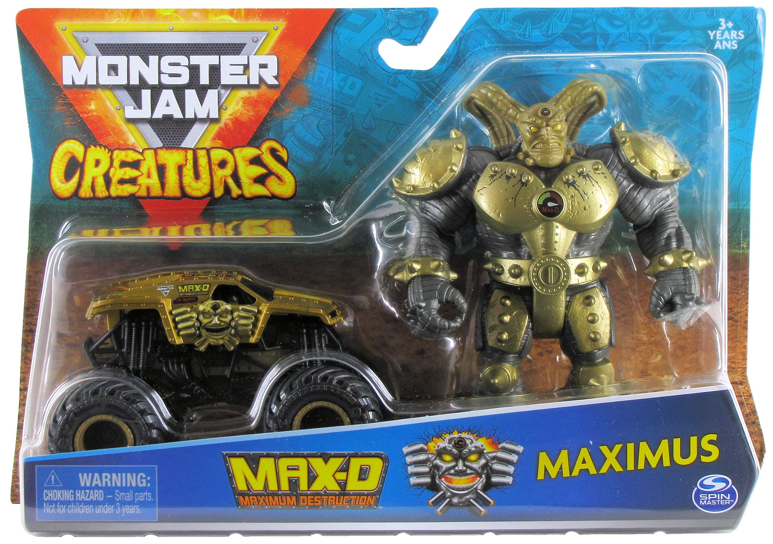Monster Jam Creatures Max-D 1:64 Scale Monster Truck and 5-Inch Maximus Figure Set, Version 2 Gold