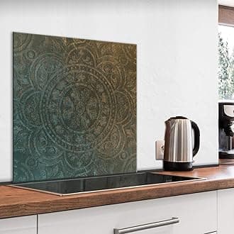 murando Glass Splashback for Kitchen Backsplash Cooker Protector Tempered Glass Decorative Wall Art Panel Heat Resistant Graphic 80x80 cm / 32"x32" Ornament Mandala Orient f-C-0433-aq-a