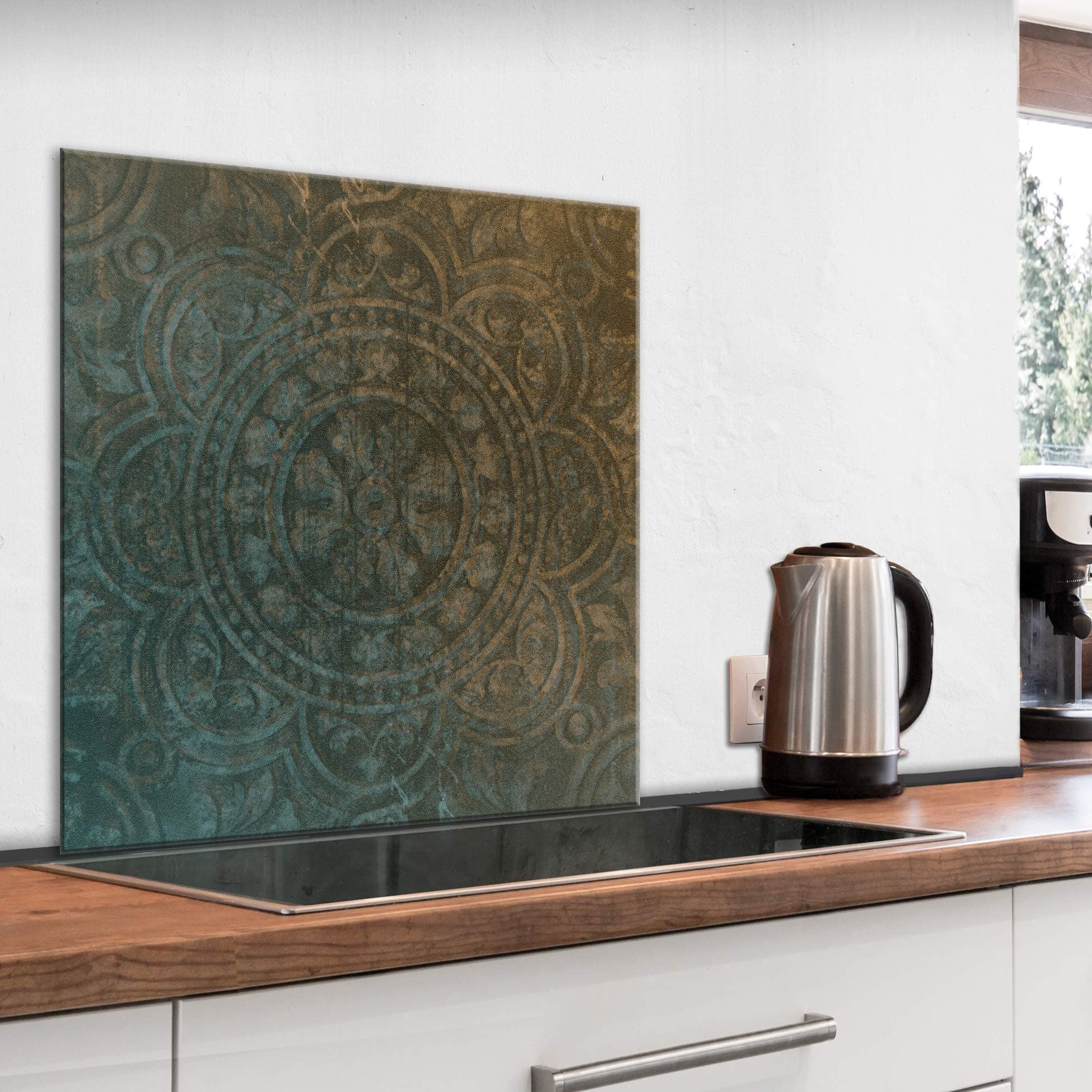 murando Glass Splashback for Kitchen Backsplash Cooker Protector Tempered Glass Decorative Wall Art Panel Heat Resistant Graphic 80x80 cm / 32"x32" Ornament Mandala Orient f-C-0433-aq-a