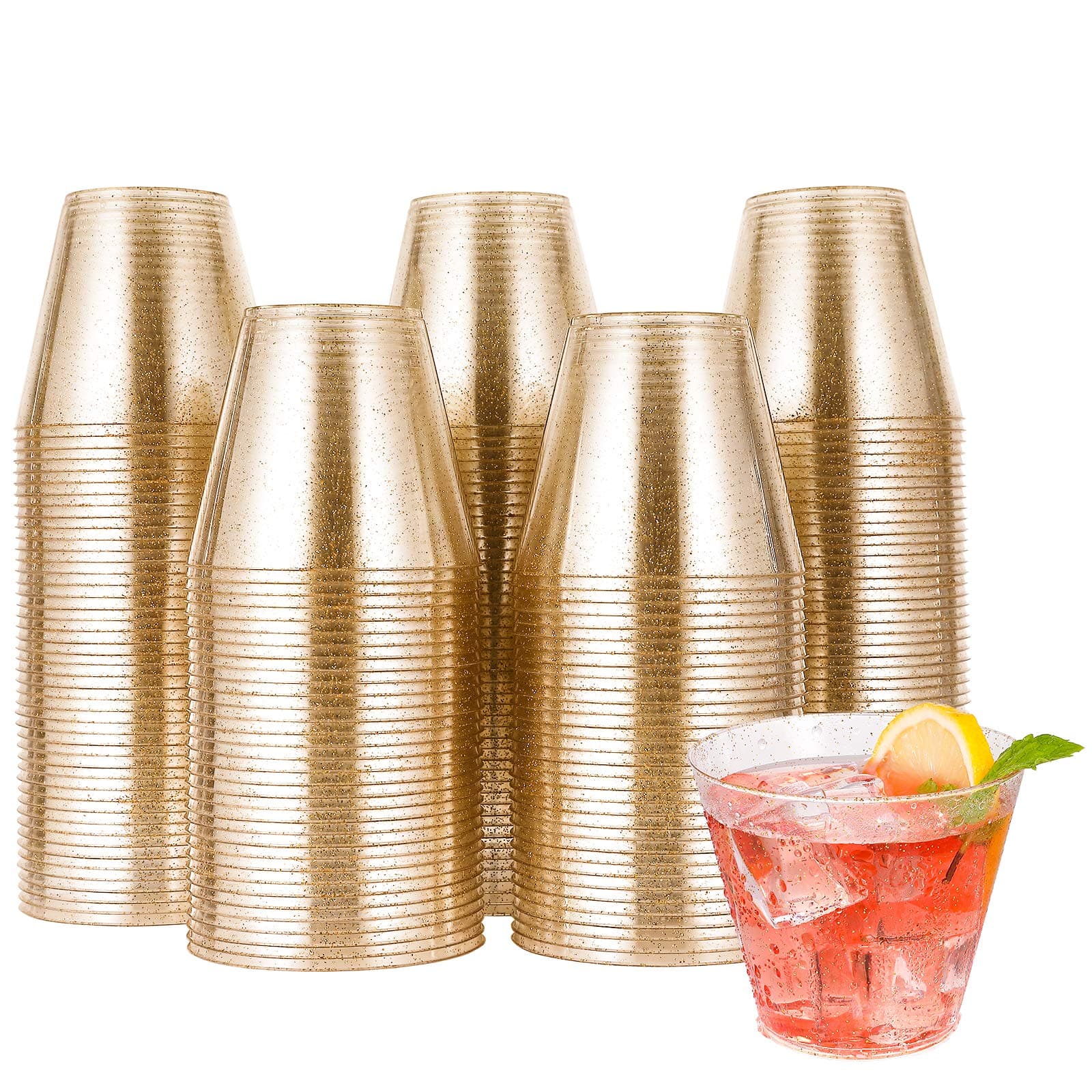 JOLLY CHEF 200 Pack 9 oz Glitter Plastic Cups, Disposable Gold Cups, Clear Plastic Tumblers for Wedding, Thanksgiving, Christmas Party