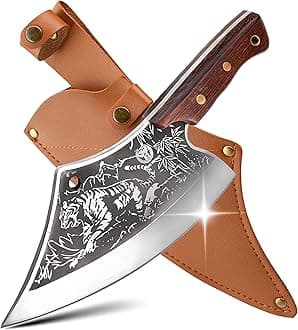 ZENG JIA DAO Meat Cleaver Knives with Sheath - 8'' Hand Forged er Knife with Tiger Style - Heavy Duty Chopping Knife - High Carbon Steel - Full Tang Kitchen Knife for Home, Restaurant