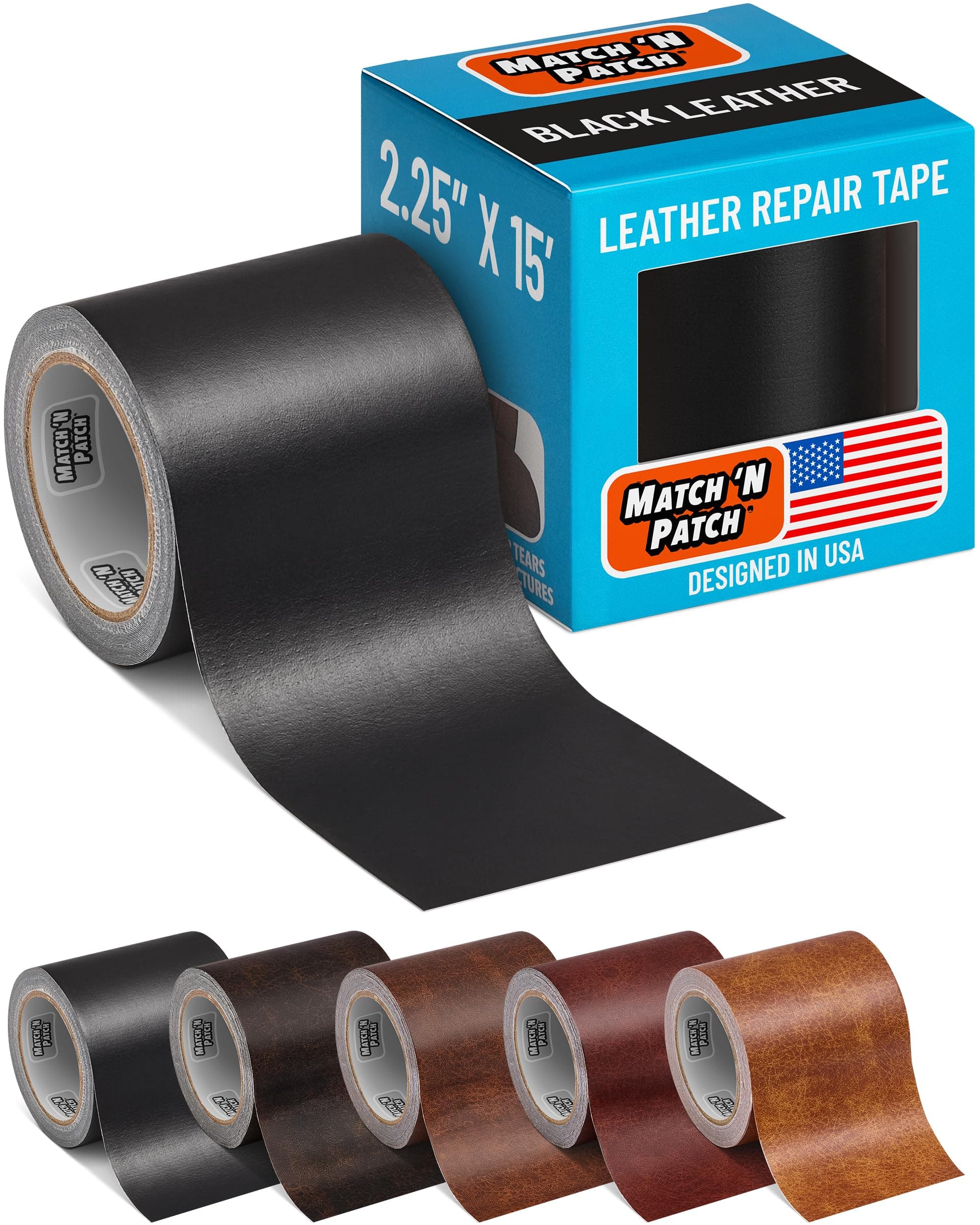 Leather Repair Tape - Black (2.25 inch x 15 feet) - Realistic Faux Leather Patches for Couch, Sofa, Upholstery, Car Seats & Other Furniture, Vinyl Repair Kit, Self Adhesive Patch