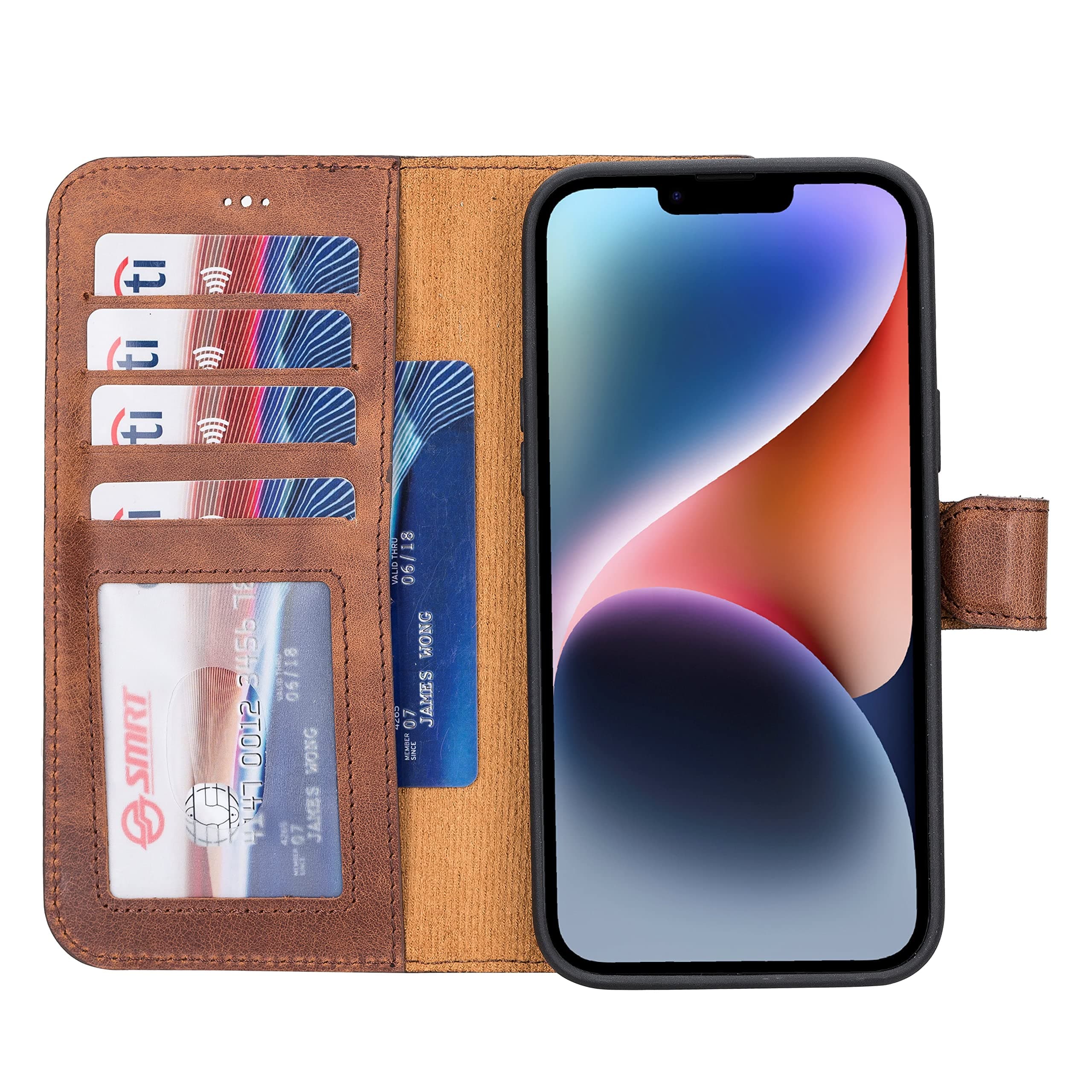 HARDISTON Genuine Premium Leather Handmade Wallet Case for iPhone 14 Plus - MagSafe Compatible - Detachable Magnetic Flip Cover with Card Holders - Horizontal Kickstand (Brown)