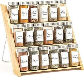 18 Jar Bamboo Compact Spice Rack with Spices Included & 5-Year Free Spice Refill Program for Countertop or Kitchen Drawer with Glass Jars