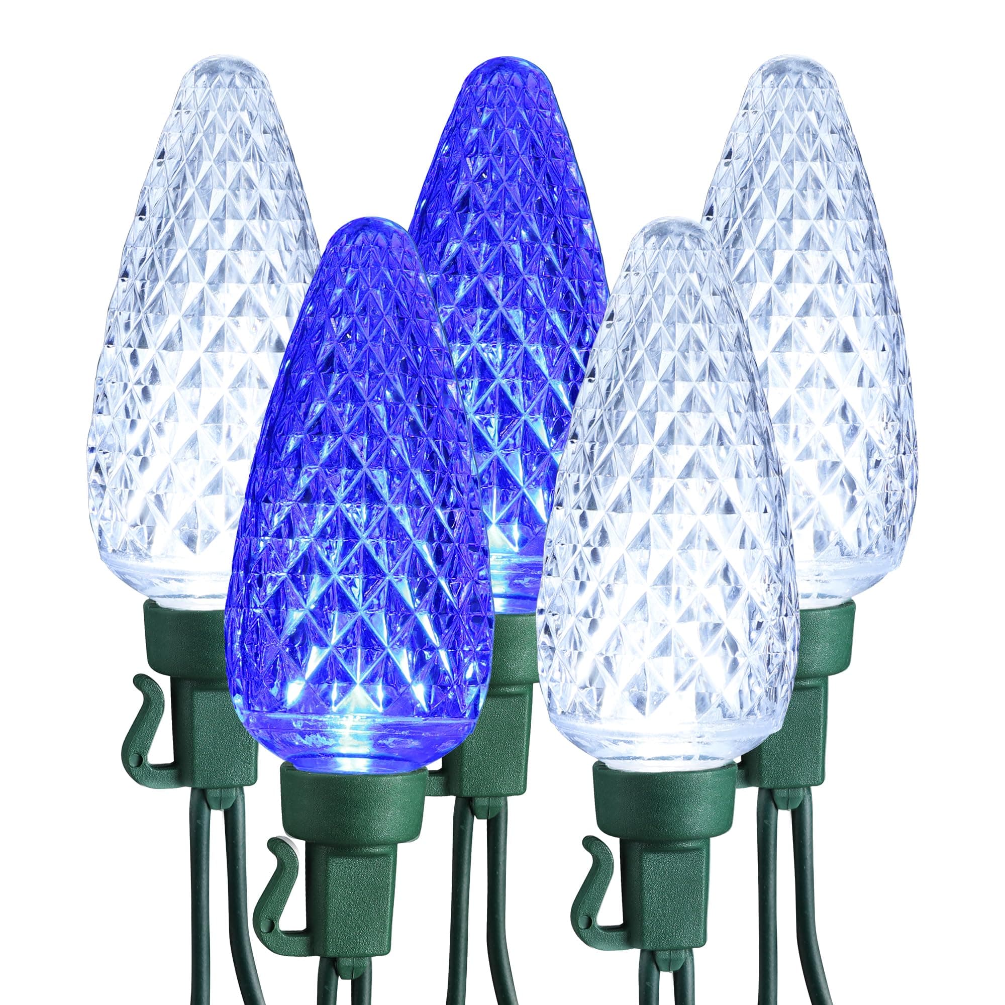 BrizledBlue & White C9 String Lights, 33ft 50 LED Faceted Outdoor Christmas Lights, Connectable Christmas Lights, UL Certified Indoor Xmas Lights Waterproof for Christmas Tree House Roof Party Decor