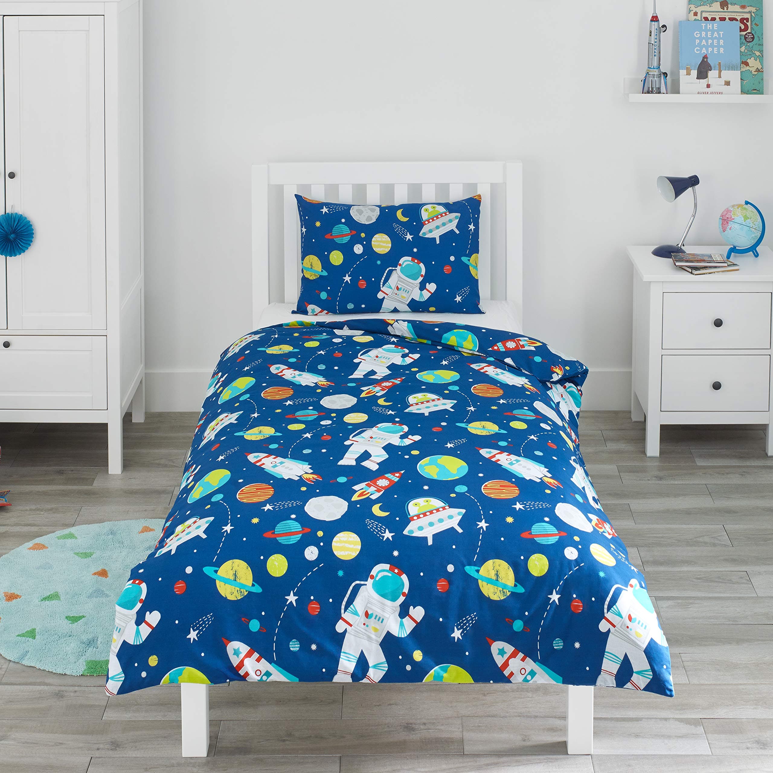 Bloomsbury Mill - Outer Space, Rocket & Planet - Kids Bedding Set - Blue - Single Duvet Cover & Pillowcase