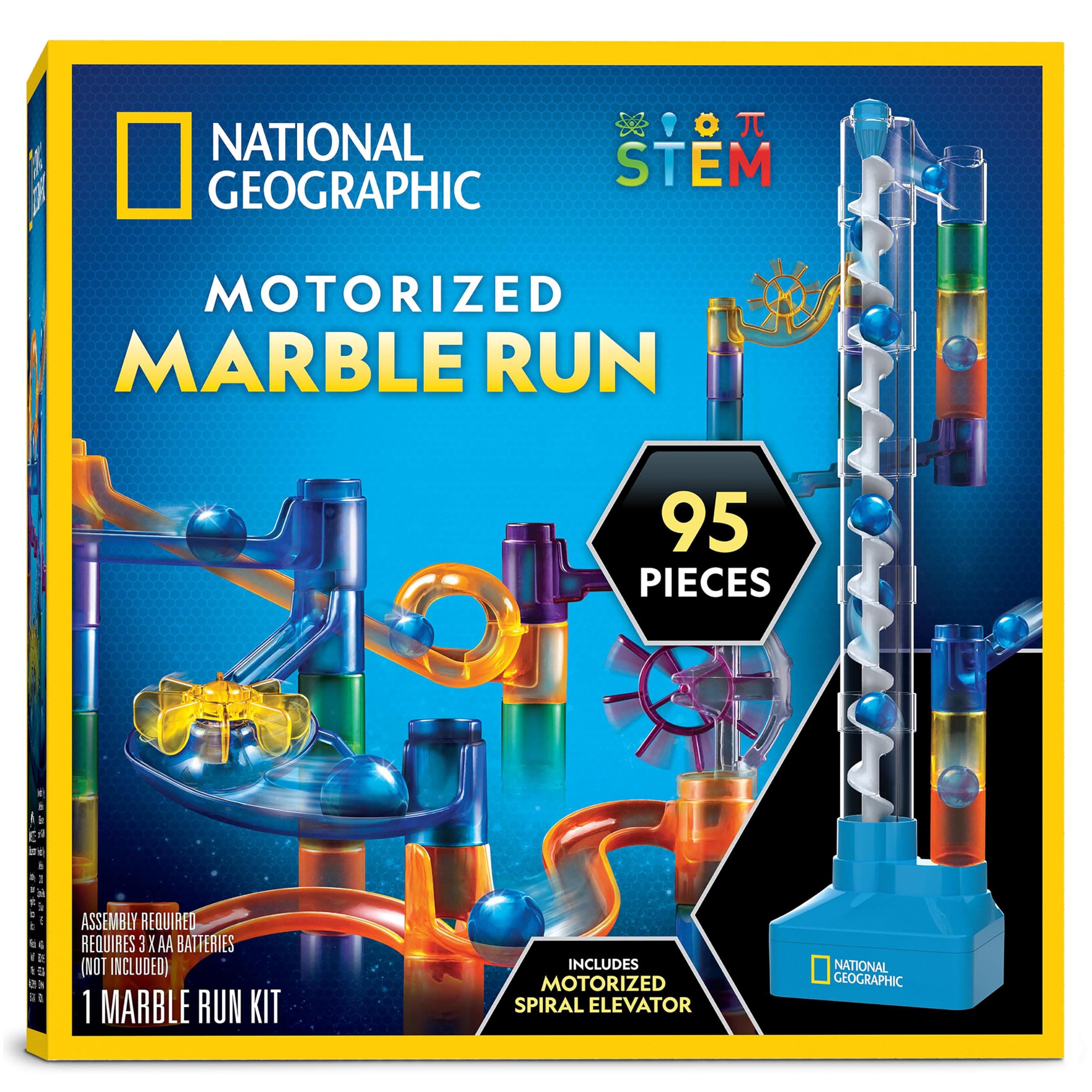 National Geographic Marble Run with Motorized Elevator - 95-Piece Marble Maze Kit with Motorized Spiral Lift, 20 Marbles, Perpetual Motion Machine, STEM Gifts for Boys and Girls, Kids Physics Toys