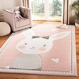 SAFAVIEH Carousel Kids Collection Area Rug - 3' Square, Pink & Ivory, Bunny Design, Non-Shedding & Easy Care, Ideal for High Traffic Areas for Boys & Girls in Playroom, Nursery, Bedroom (CRK166P)