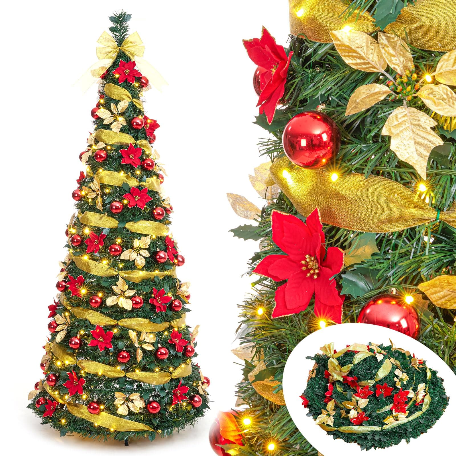 Decoway Pre Lit Pre Decorated Christmas Tree Pop Up with Remote Control, with Warm White & Colorful LED Lights,Holiday Party Decorations,Red Gold (6FT, Surround Ribbon)