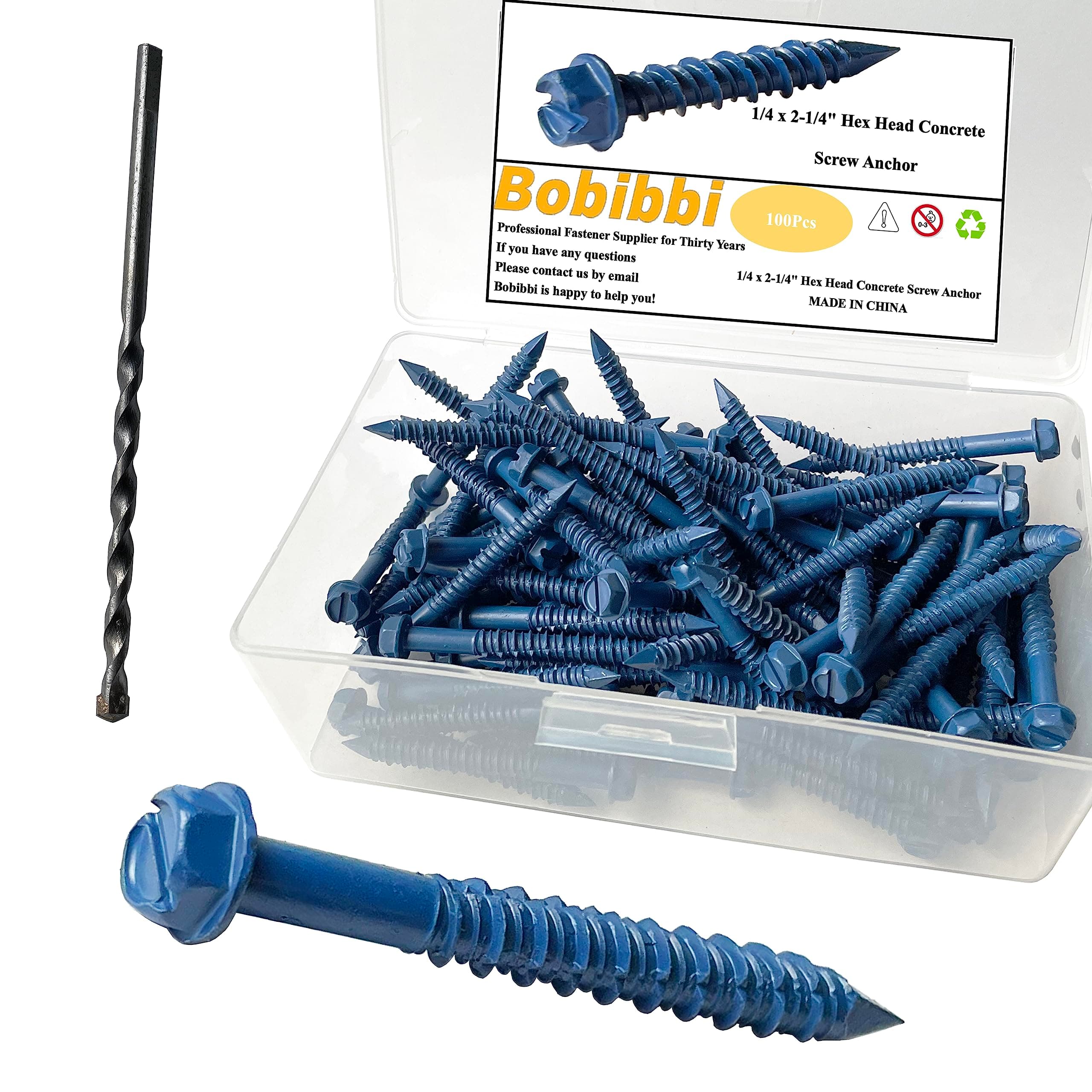 1/4 x 2-1/4" Hex Head Concrete Screw Anchor, for Anchoring to Masonry, Block or Brick (100Pcs)