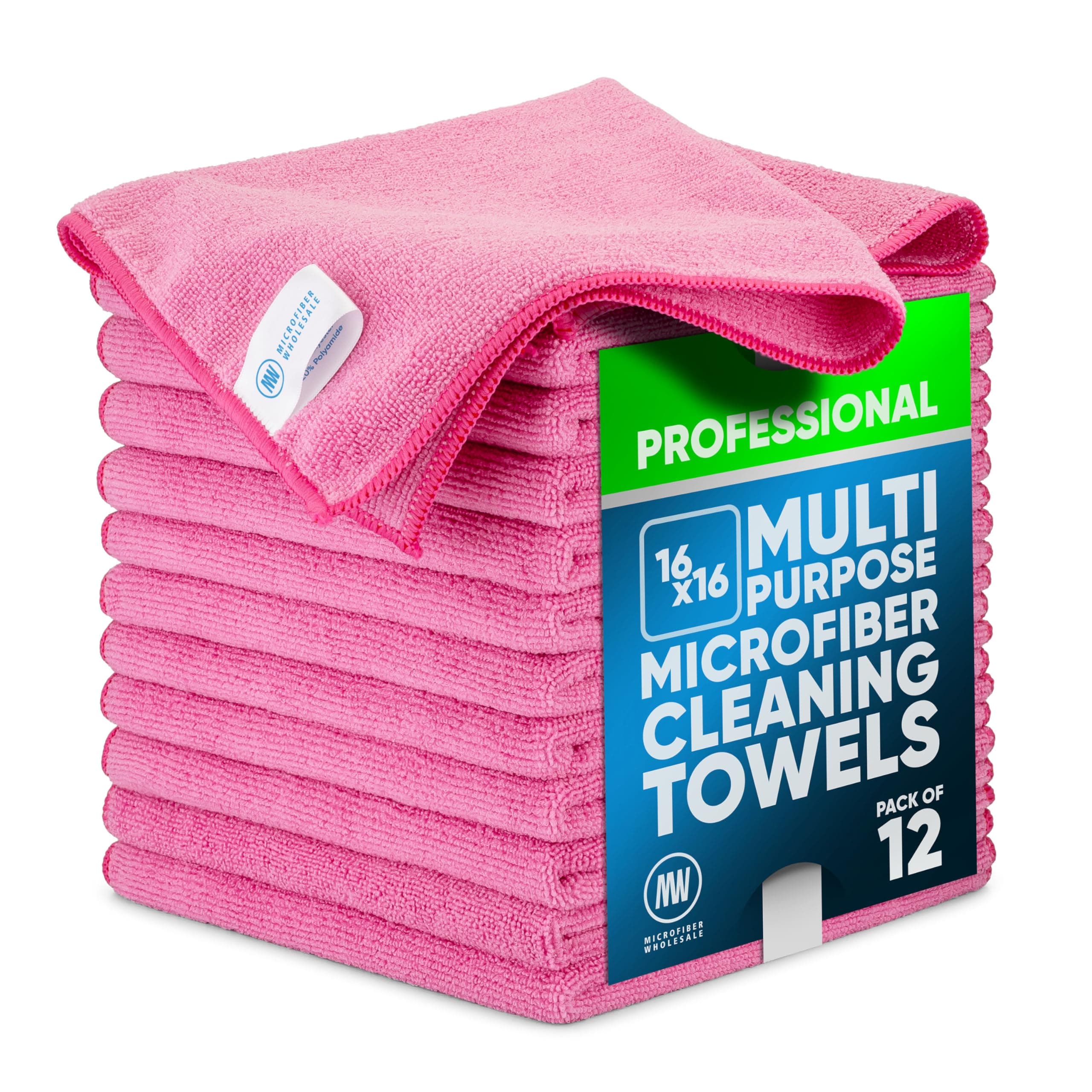 MW Pro Microfiber Cleaning Cloth | Pink | 12 Pack | 16” x 16” | All Purpose Microfiber Towels - Clean, Dust, Polish, Scrub, Absorbent