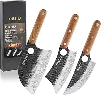OLULU 3PCS Butcher Knives, Premium Stainless Steel Butcher Knife Set with Wooden Handle, 7" Butcher Knife, 7" Serbian Chef Knife and 6.5" Viking Knife, Gift Box (Unique Finger Hole and Pattern)