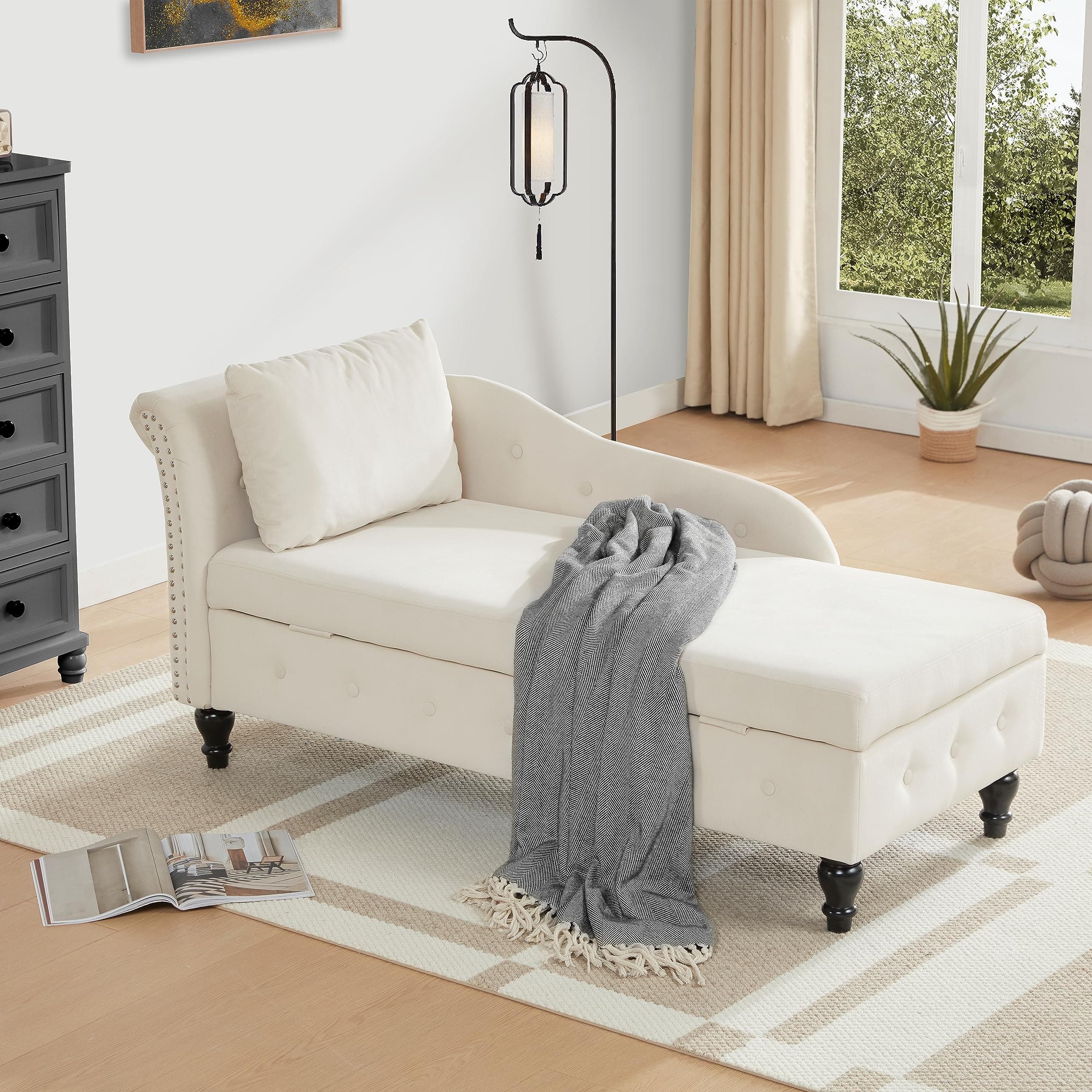 Iroomy Chaise Lounge Indoor with Storage, Modern Nailhead-Trimmed Tufted Lounge Chair, Upholstered Chaise Lounges Couch with Pillow for Living Room, Bedroom, Office, Beige, Left Armrest