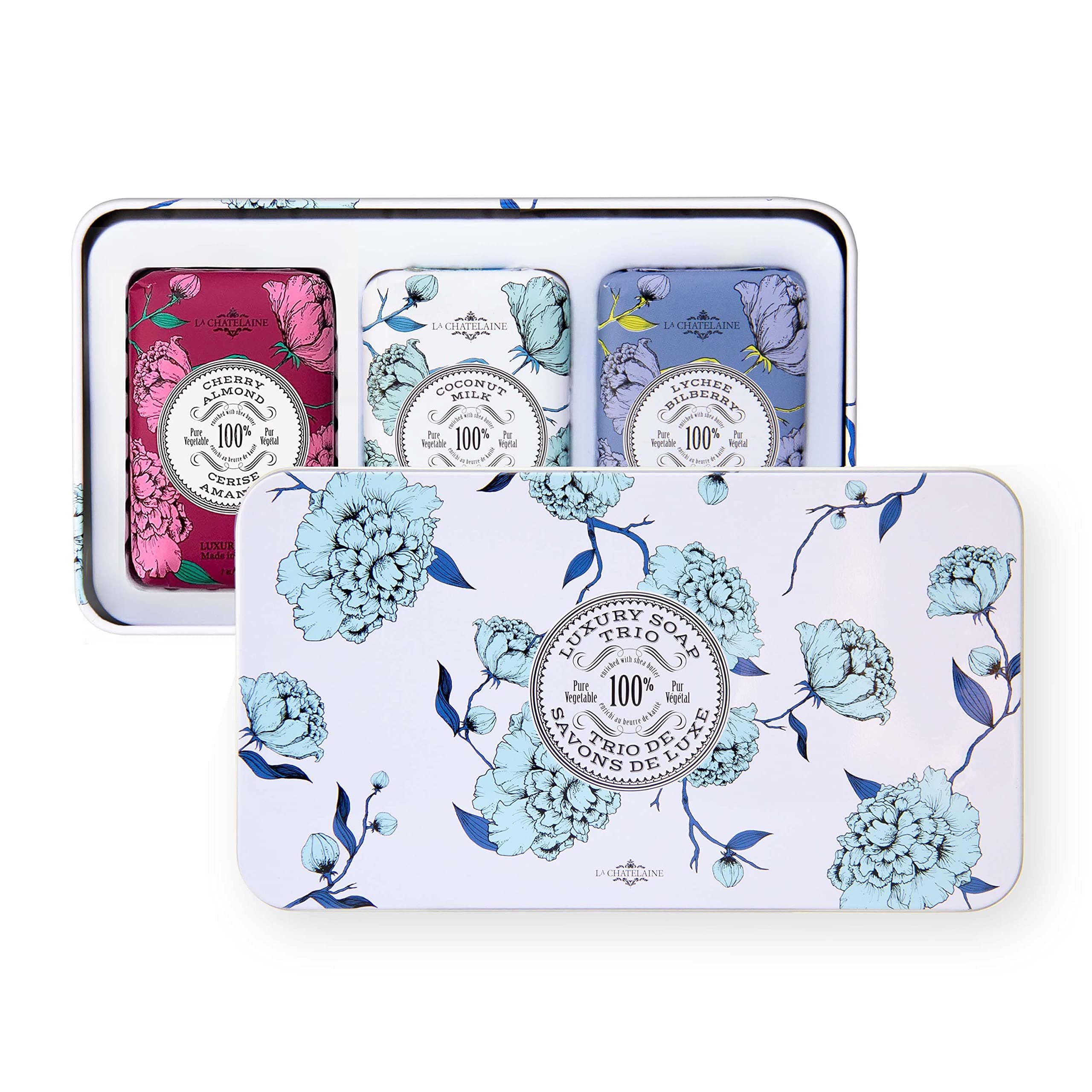 Luxury Bar Soap Trio Gift Set Tin – Winter White | Made in France | Natural and Organic Soap Bars | Shea Butter Formula | 3 x 7 oz / 200g (Cherry Almond, Coconut Milk, Lychee Bilberry)