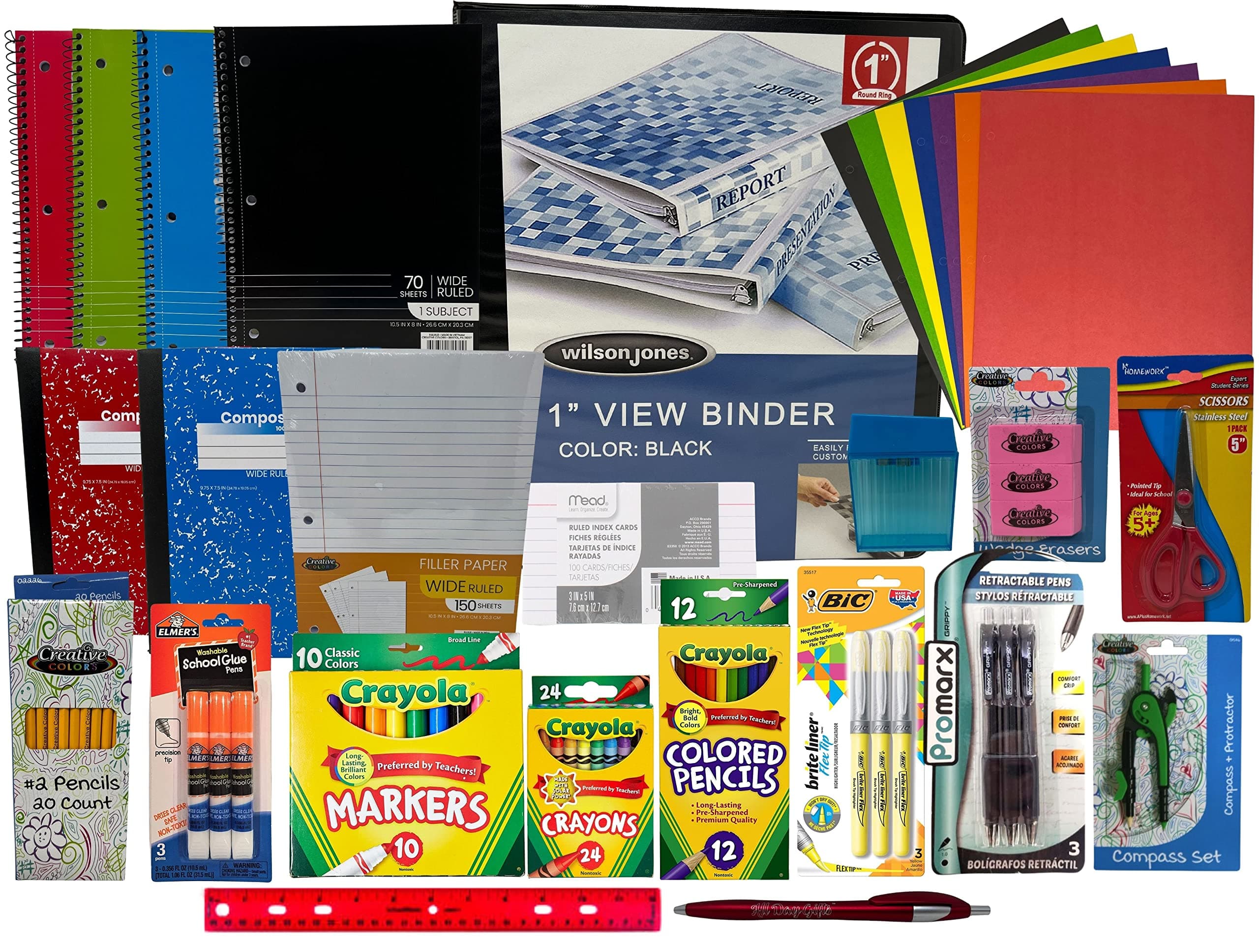 Wide‑Ruled Back to School Essential Supplies Bundle for 3rd‑5th Grade Elementary White Binder, Notebooks, Filler Paper, Crayons & Pencils, Glue Sticks, Composition Books and More (Black)