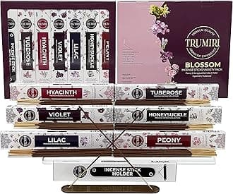 TRUMIRI Blossom Incense Sticks Variety Pack - 120 Insence Sticks (6 Incents x 20 Insenses) - Peony Honeysuckle Lilac Violet Hyacinth Tuberose - Natural Incense Set Inciensos with Stick Incense Holder