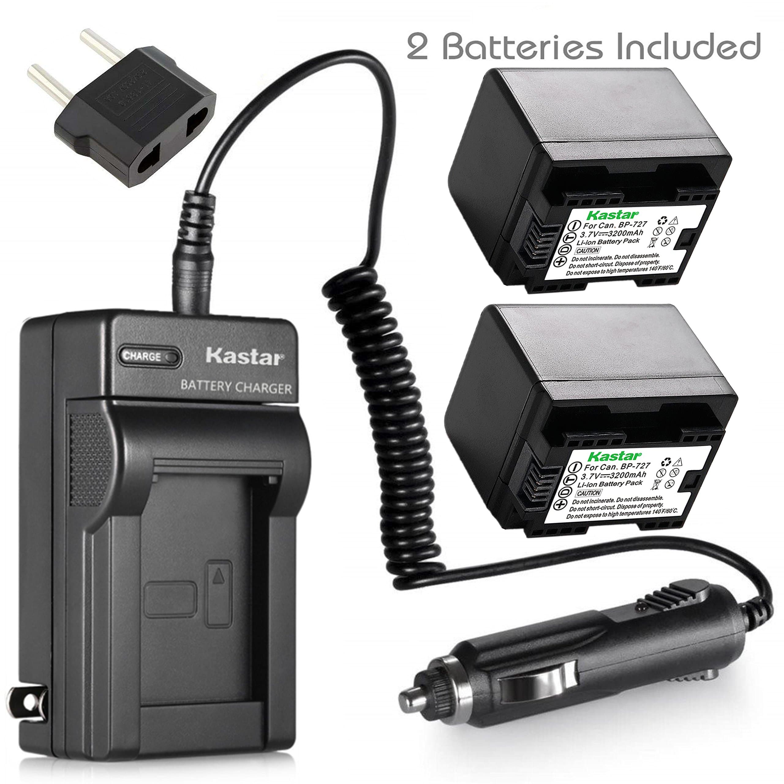 Kastar (FULLY DECODED) Battery (2-Pack) + Charger for Canon BP-727 and VIXIA HF M50, HF M52, HF M500, HF R30, HF R32, HF R40, HF  R42 , HF R50, HF R52, HF R60, HF R62, HF R300, HF R400, HF R500, HF R600