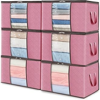 Lifewit 6 Pack Clothes Storage, Foldable Storage and Organization, Storage Bins with Lids, Blanket Storage with Clear Window, Closet Storage with Reinforced Handles for Clothing, Bedding, Pink
