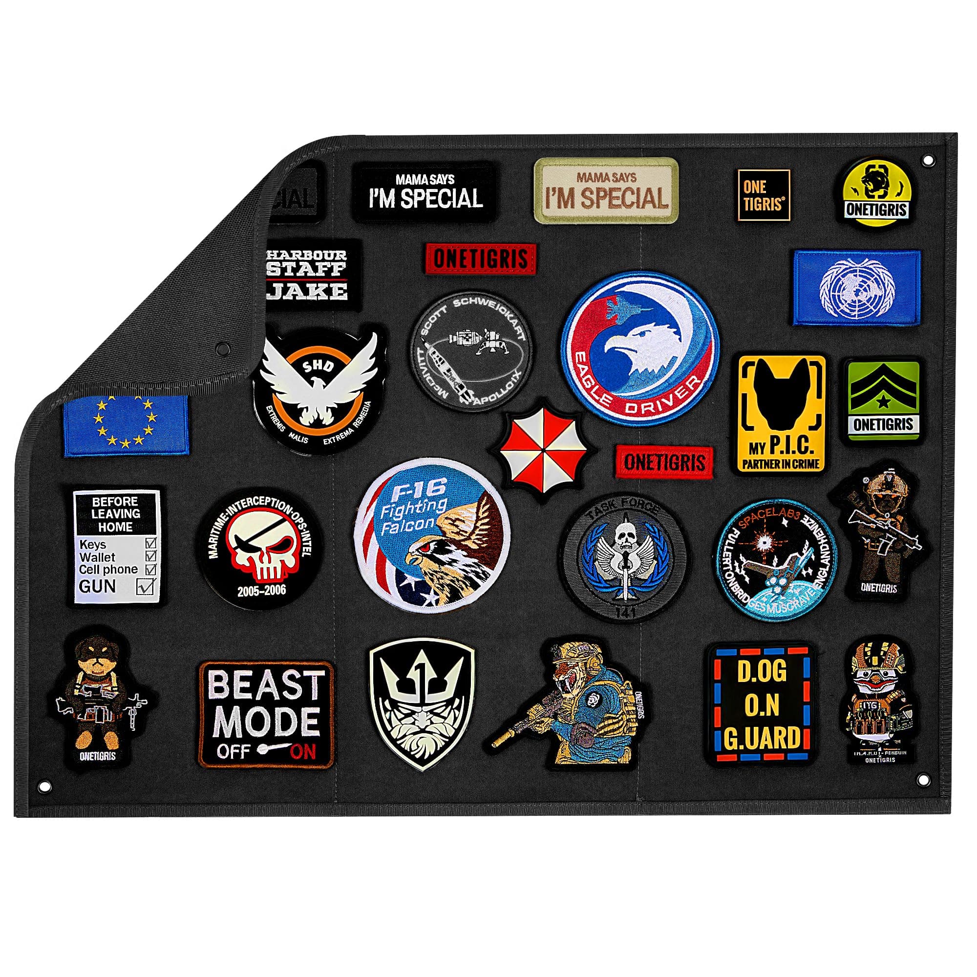 OneTigris Tactical Patch Display, Funny Foldable Patches Panel Holder Board for Military Army Combat Morale Uniform, Hook & Loop Emblems(Black - 22"x17")