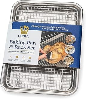 Ultra Cuisine Quarter Sheet Pan with Wire Rack Set - Includes Premium Aluminum Baking Sheet with 100% Stainless Steel Baking Rack, Cookie Cooling Racks with 1/4 Pan Commercial Quality