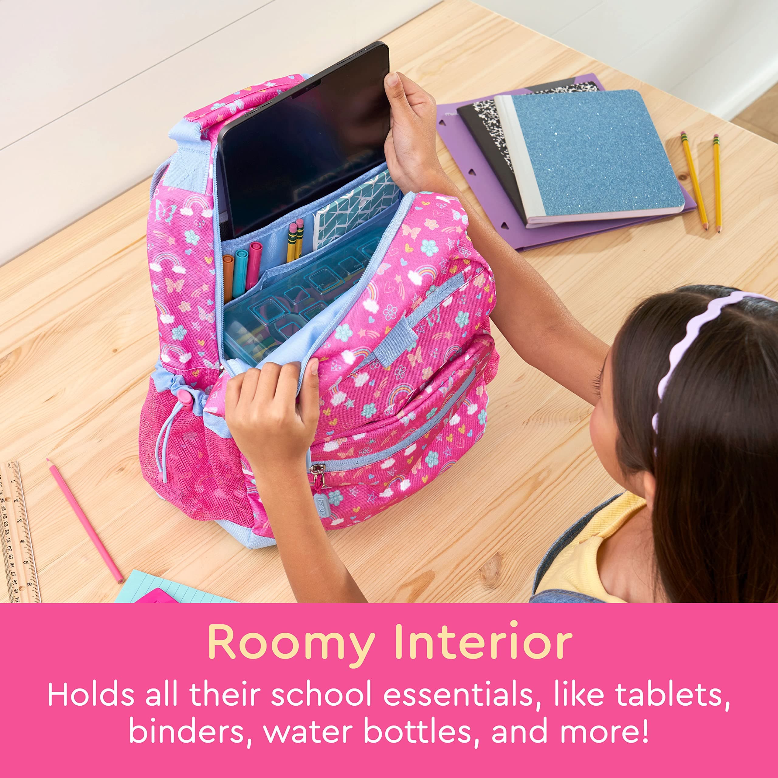 Bentgo® Kids Backpack - Lightweight 14” Backpack in Unique Prints for School, Travel, & Daycare - Roomy Interior, Durable & Water-Resistant Fabric, & Loop for Lunch Bag (Rainbows)