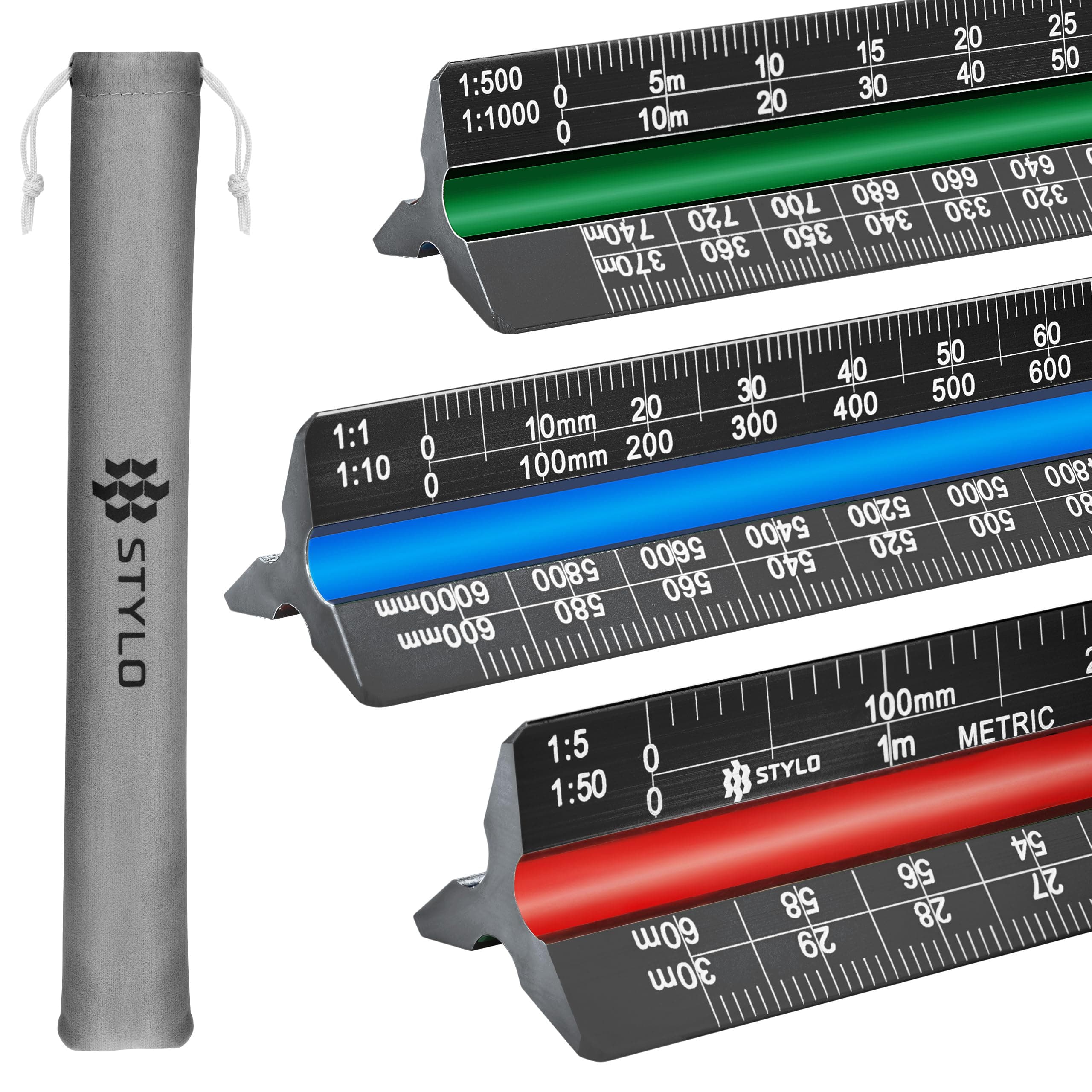 12" Aluminum Architect Scale Ruler Laser Etched Triangle Drafting Ruler, Color Coded Grooves for Blueprint, Drafting and Drawing, Architectural Scale Ruler for Blueprints (Black, Metric Units)