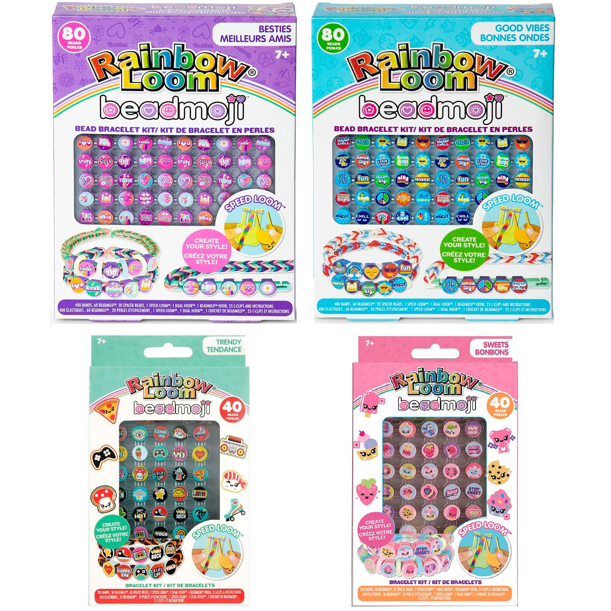 Beadmoji 4 Pack Bundle: Besties, Good Vibes, Sweets, Trendy - 4 Rubber Band DIY Charm Bracelet Kits, Speed Loom, Design & Create, Age 7+