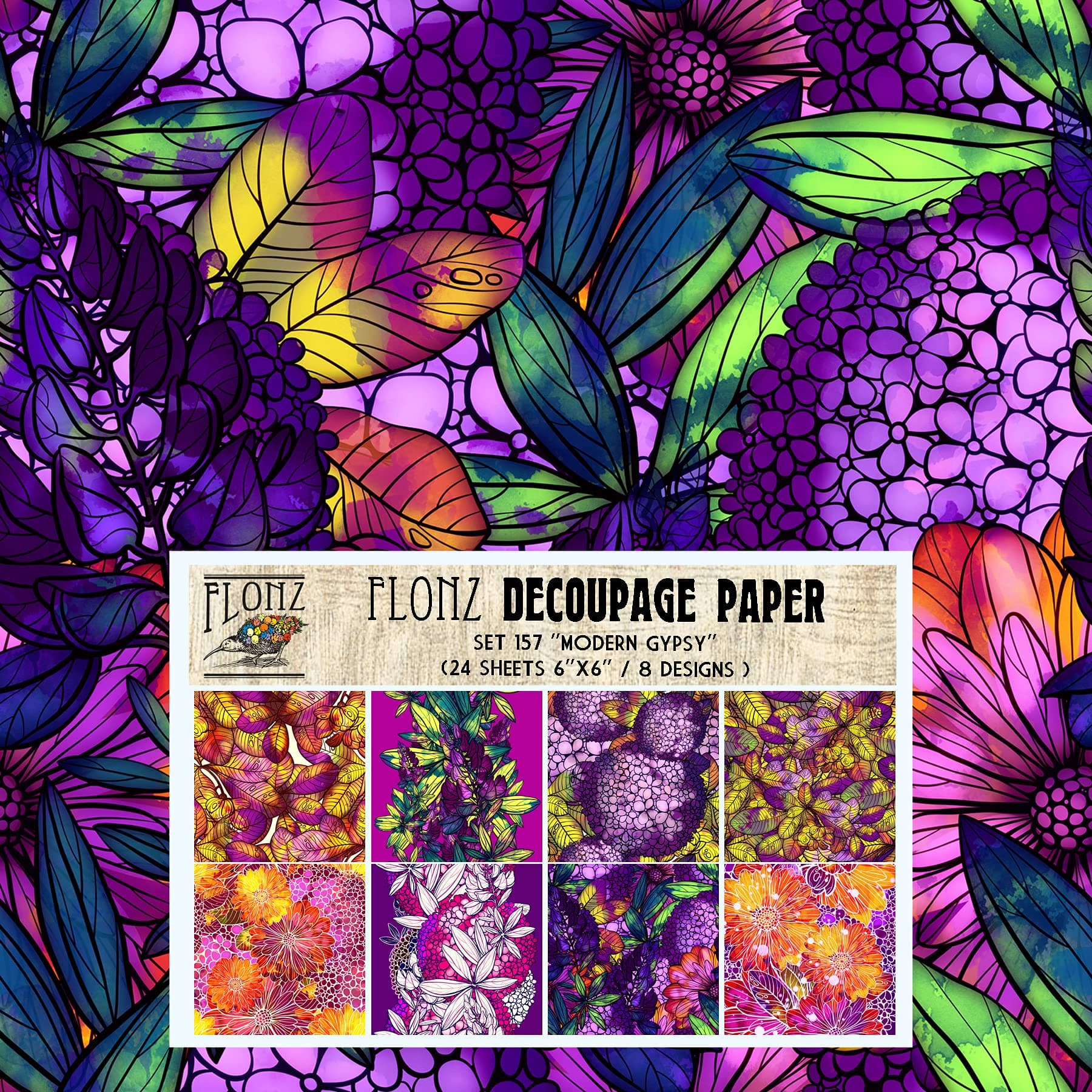Decoupage Paper Pack (24 Sheets 6"x6") Modern Gypsy Floral Patterns FLONZ Vintage Styled Seamless Pattern Paper for Decoupage, Craft and Scrapbooking