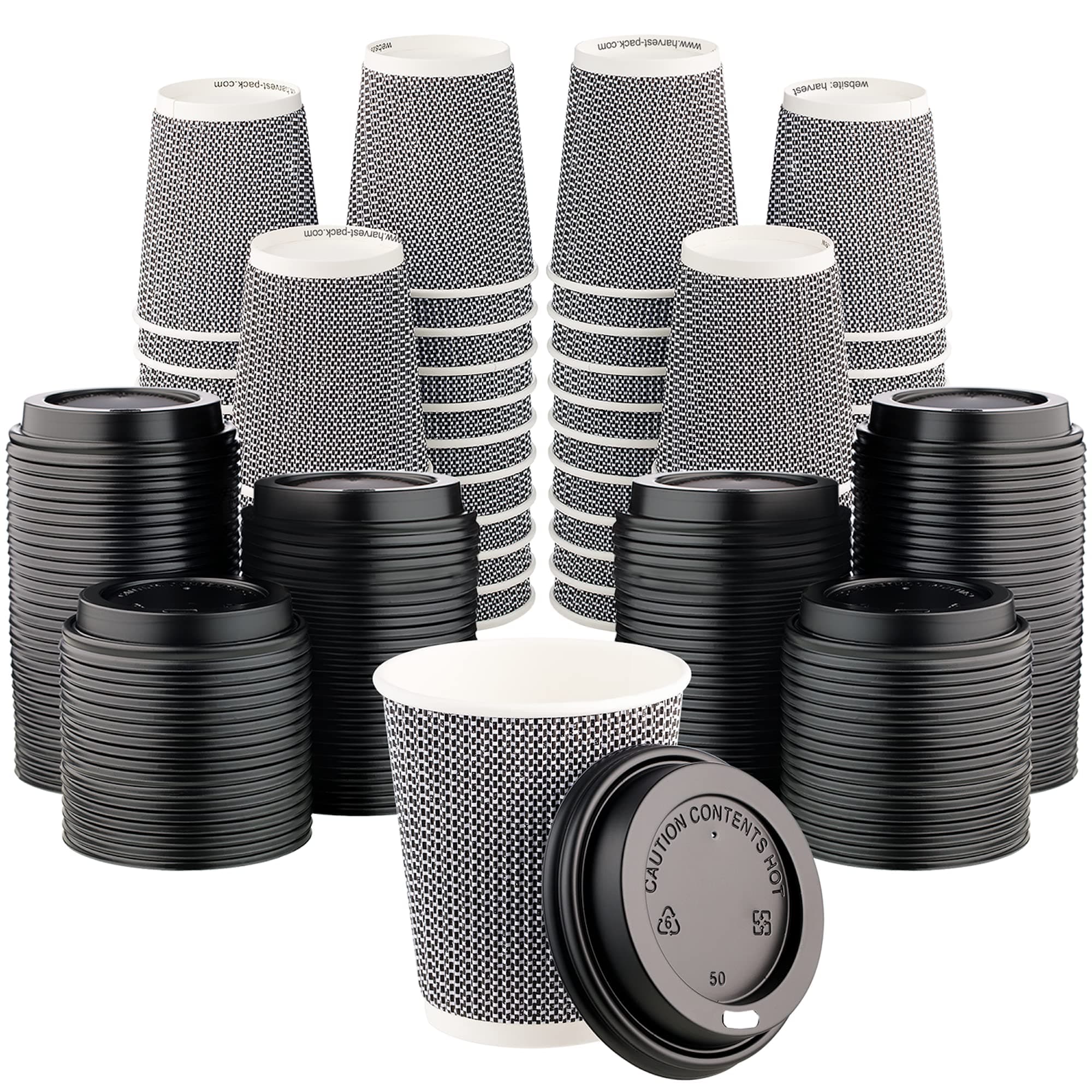 [600 SET]Harvest Pack 8 oz Disposable Coffee Cups, Insulated Ripple Double-Walled Paper Cup with Lid, Black and White Geometric, Tea Hot Chocolate Drinks To go coffee cups