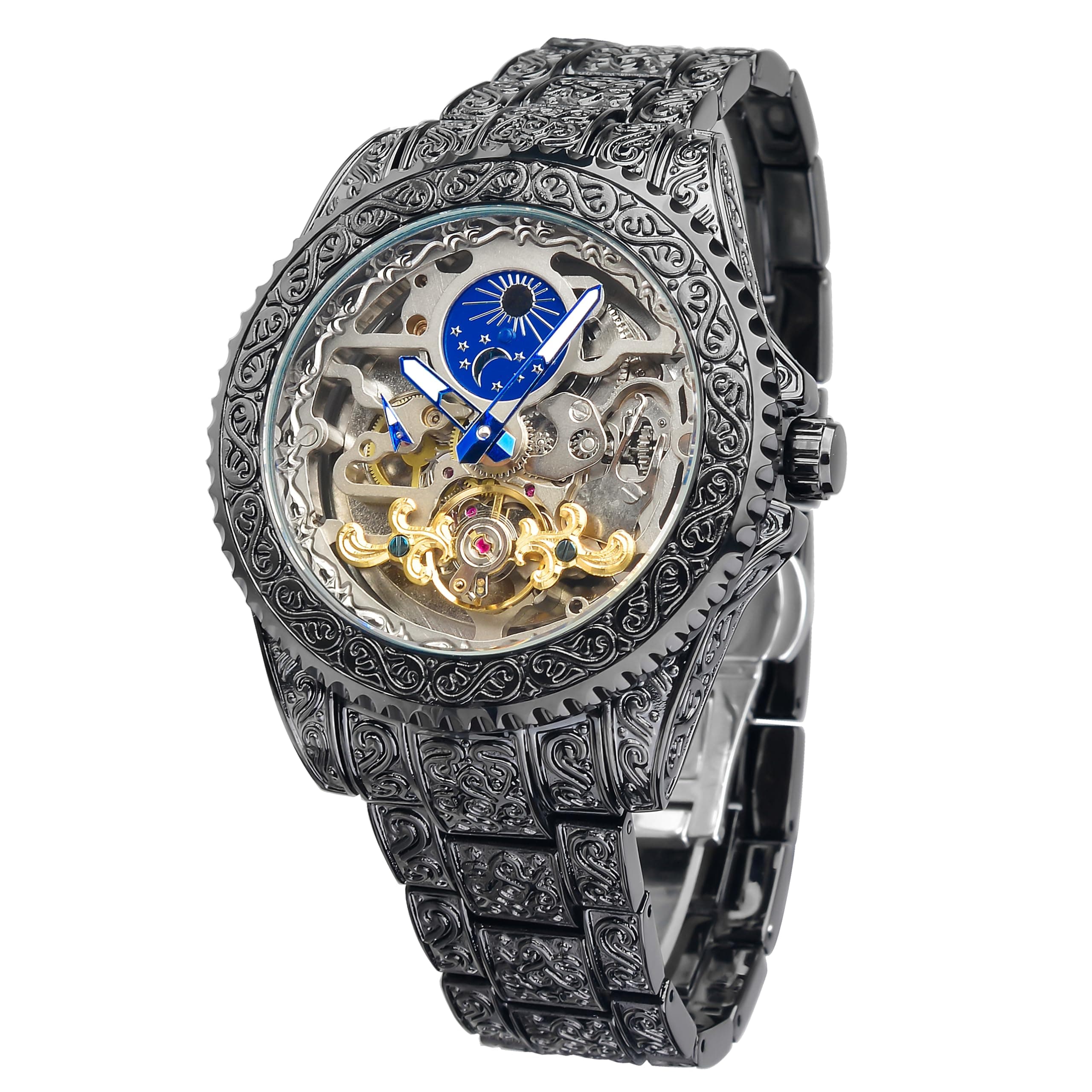 Vintage Watch for Men Engraved Automatic Self-Wind Mechanical Big Dial Luminous Moon Phase Golden Hollow Tattoo Pattern Wrist Watches, Mechanical