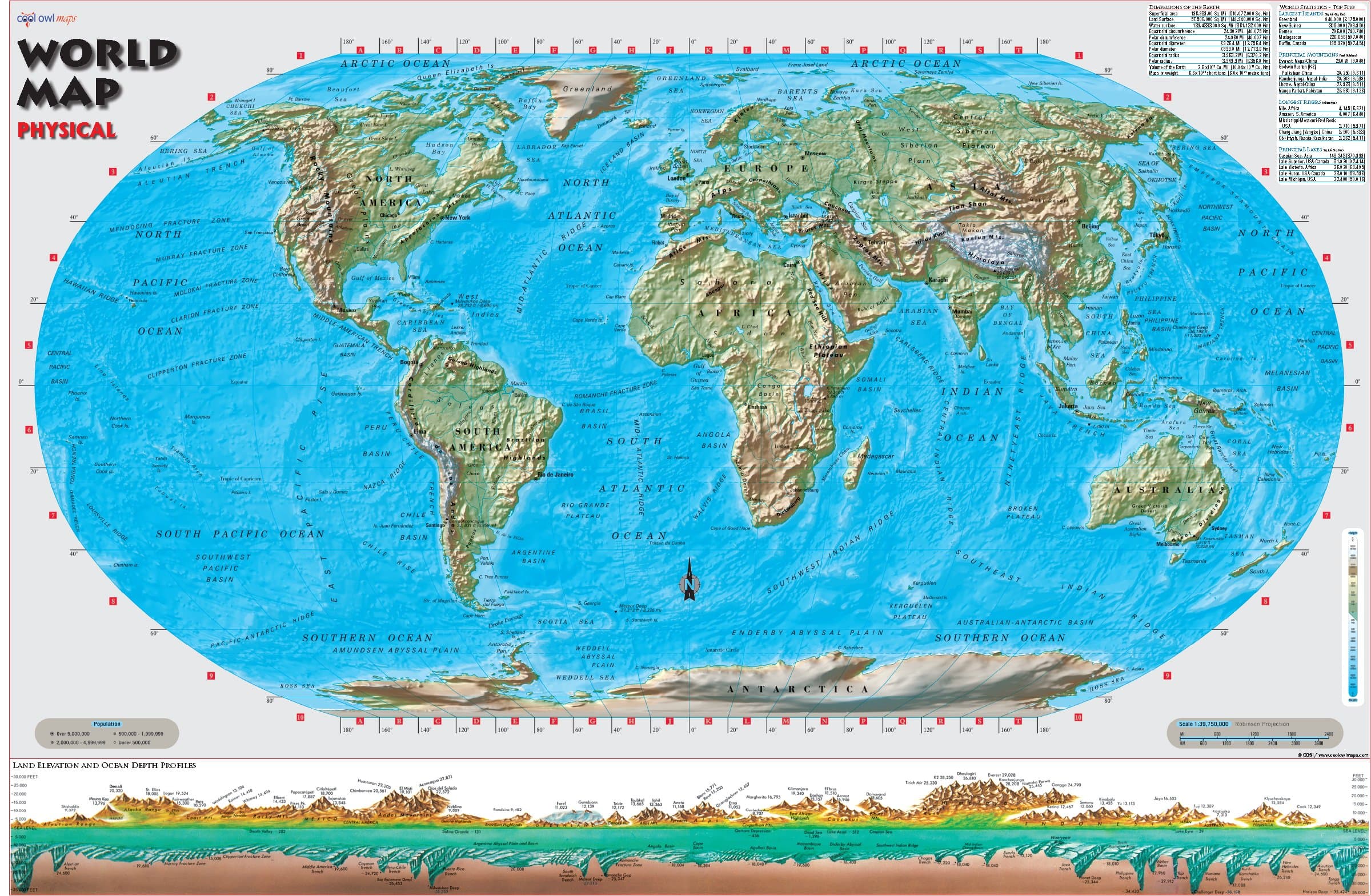 CoolOwlMaps World Physical Wall Map Robinson Projection Education - Rolled Paper (36"x24")