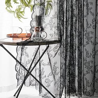 Deeprove Black Lace Curtains 45 Inch Length 2 Panels Set for Bedroom, Knitted Sheer Floral Antique Vintage Shabby Chic Gothic Window Treatment Pair Drape Pair for Farmhouse, Rod Pocket, W57 x L45