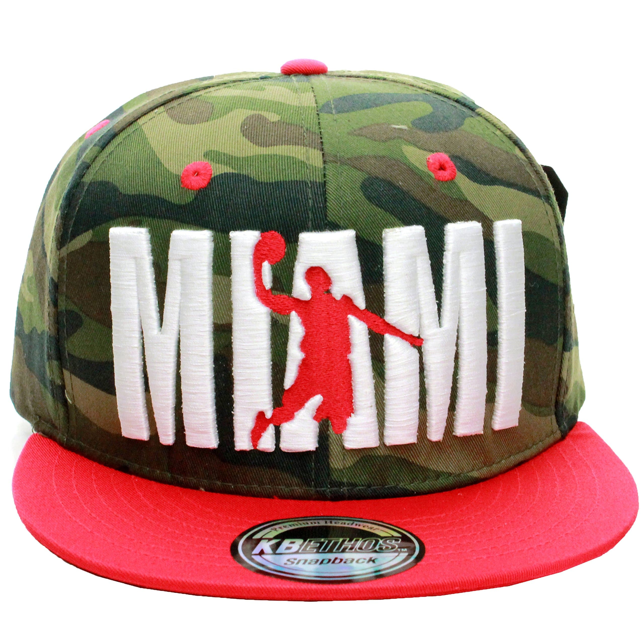 American Cities Miami Flat Visor Bill Ball Player Logo Snapback Hat Cap (One Size, Camo Red)