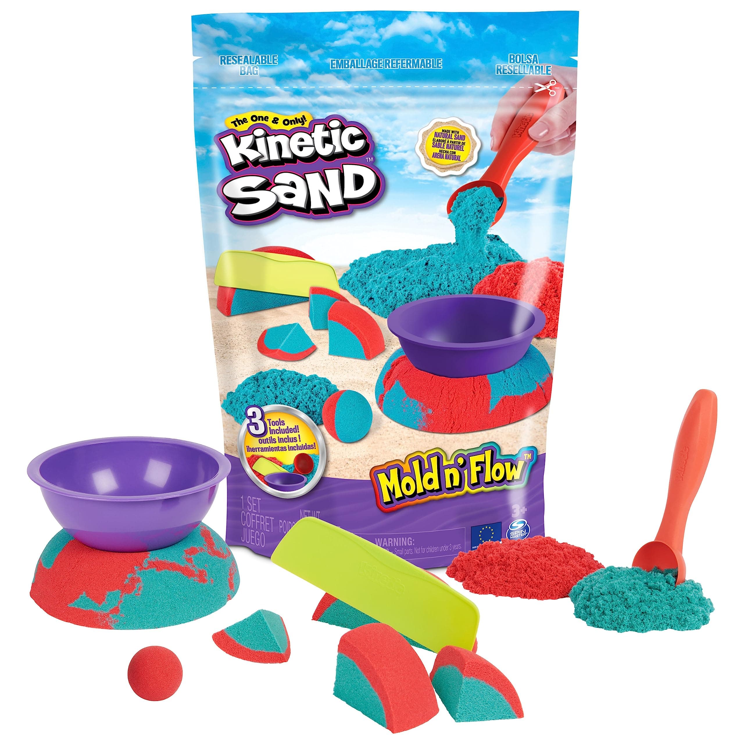 Mold n’ Flow with 1.5lbs Red & Teal Play Sand, 3 Tools, Sensory Toys for Kids Ages 3 and up