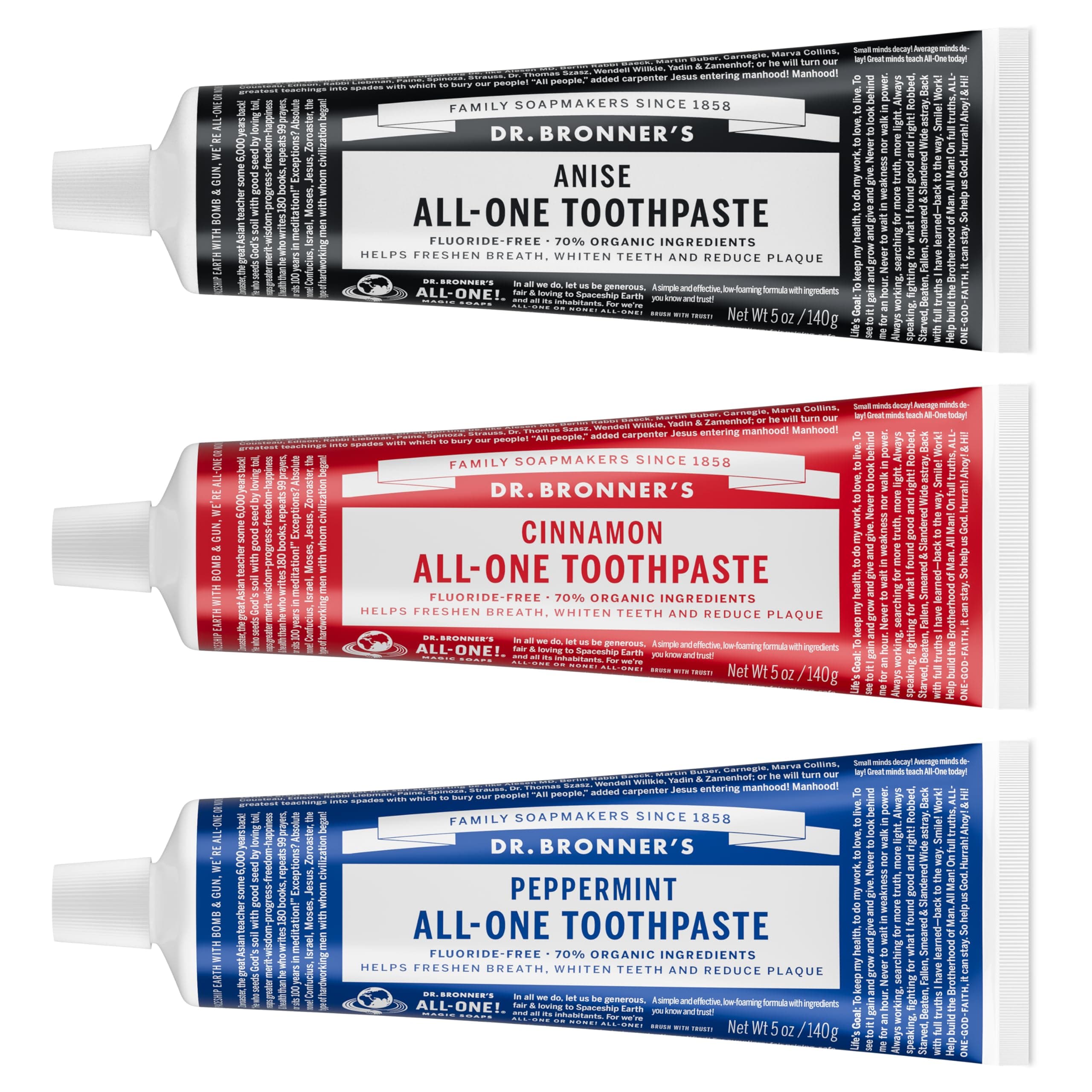 Dr. Bronner's All-One Toothpaste Variety Pack - Peppermint, Cinnamon, Anise - 5-Ounce Tube Of Each (3 Tubes Total)