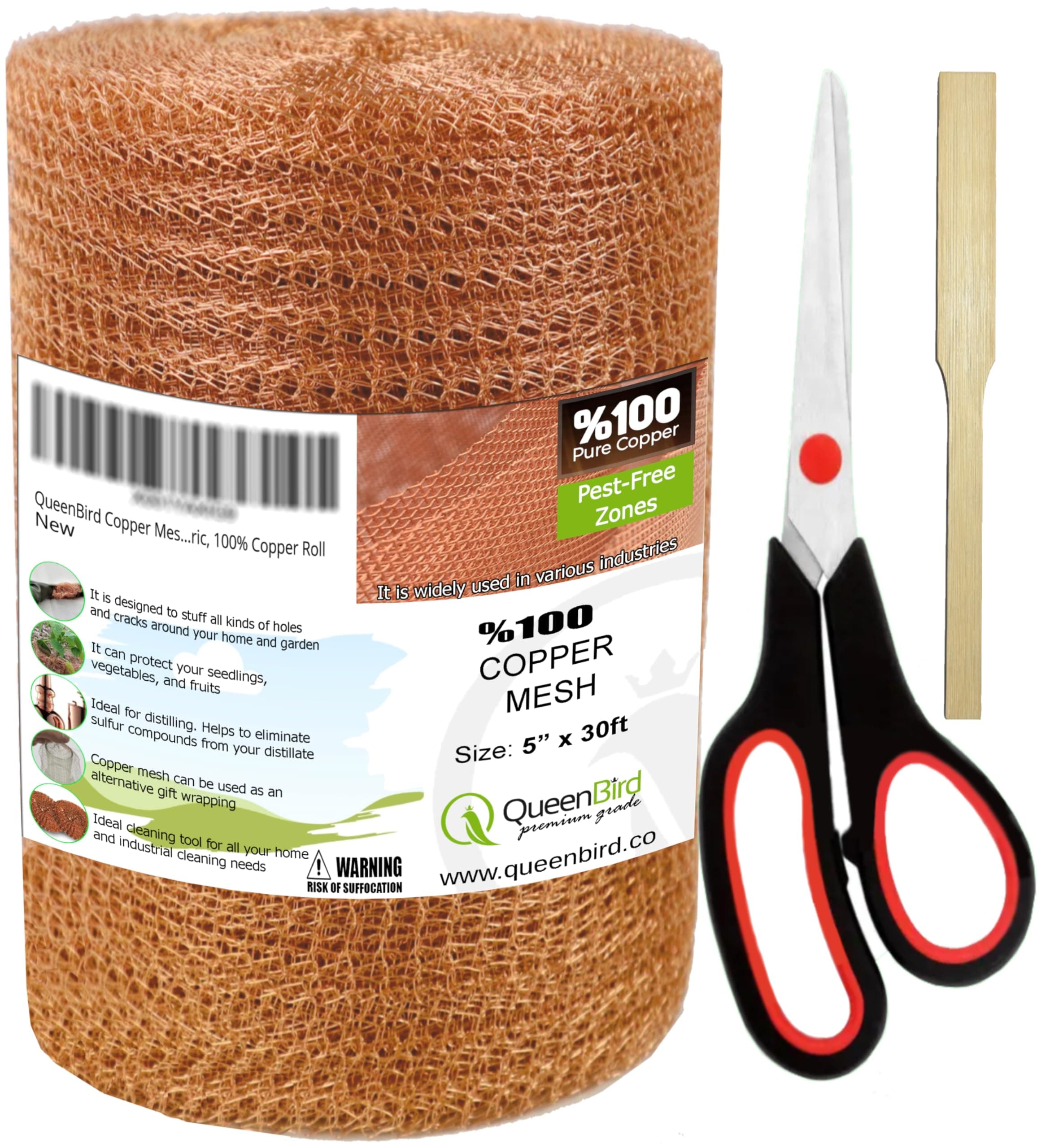 QueenBird Copper Mesh Rodent Control – 5" x 30 ft Roll – 100% Pure Copper for Hole Blocking, Distilling & DIY – Includes Scissors & Tool