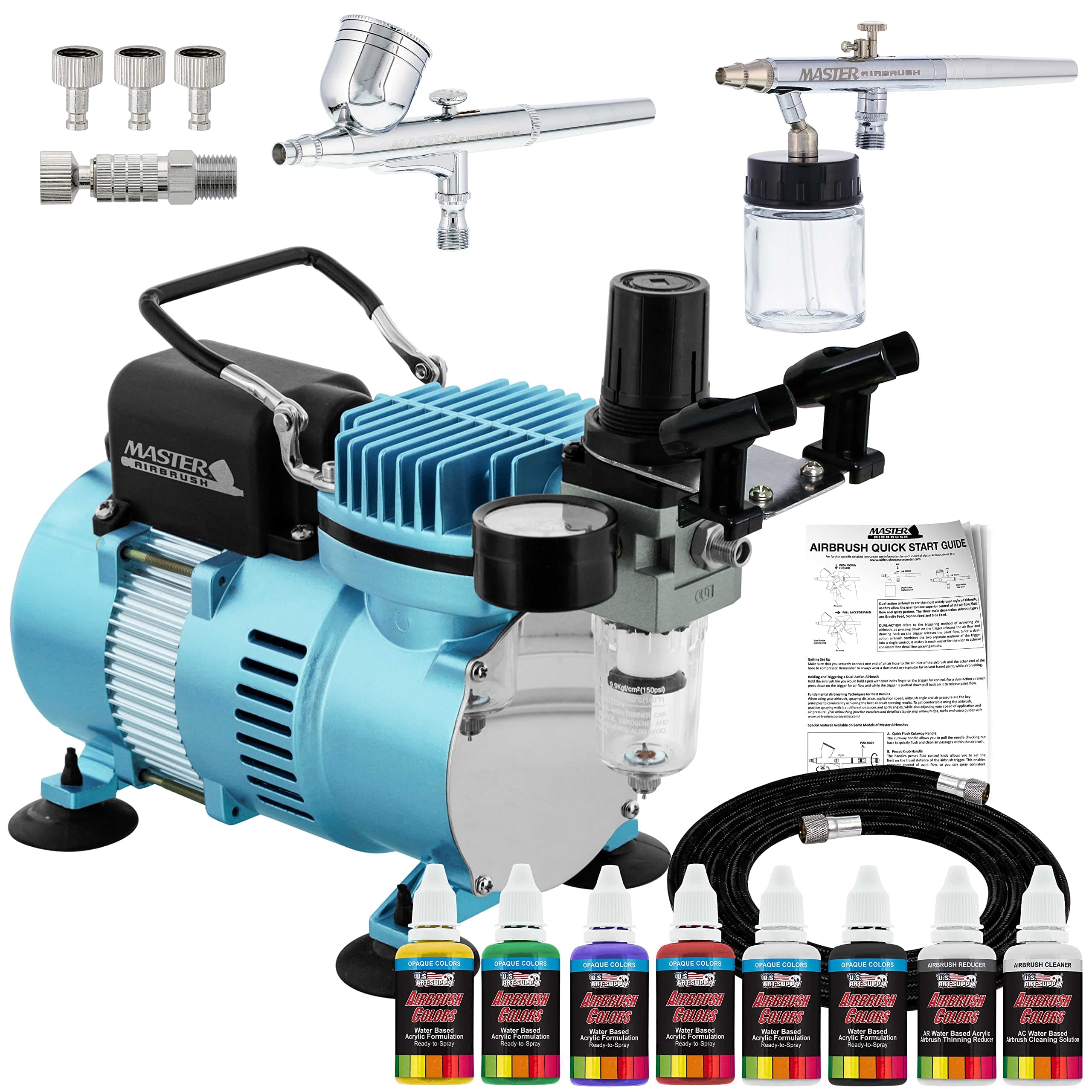 Cool Runner II Dual Fan Air Compressor Airbrushing System Kit with 2 Professional Airbrushes, Gravity and Siphon Feed - 6 Primary Opaque Colors Acrylic Paint Artist Set - How to Guide