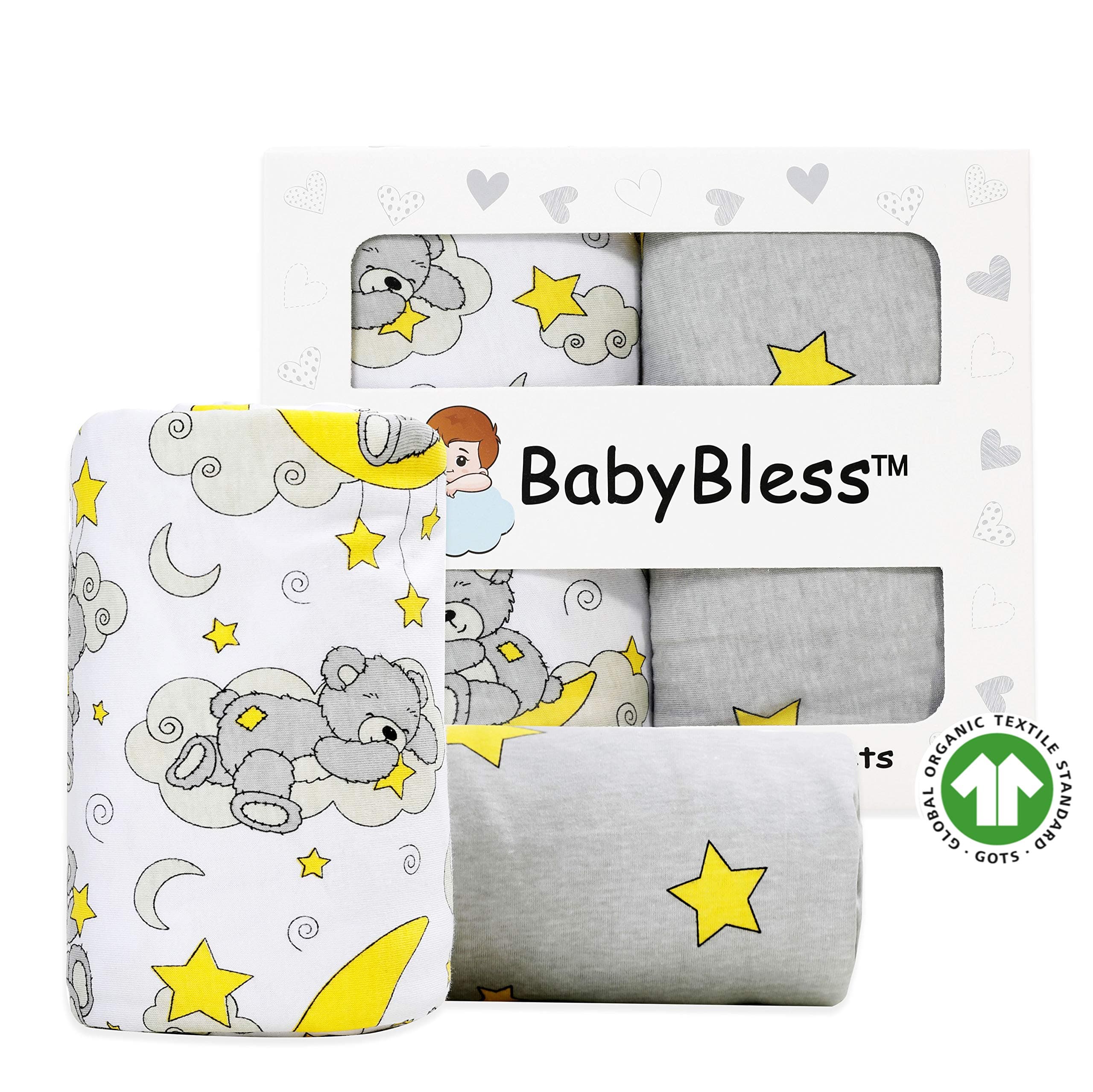 Fitted Crib Sheets (2 Pack) - 100% Organic Jersey Cotton Crib Sheets for Standard Crib and Toddler Mattresses | Unisex Star and Bear Print | Nursery Bedding Sheets for Baby Boy or Girl